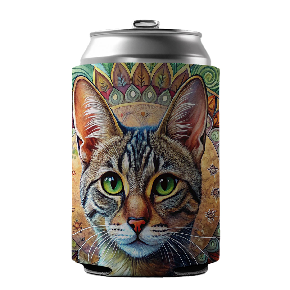 Tabby Cat Bohemian Art Can Cooler Beer Soda Drink Insulated Holder Sleeve Hugger