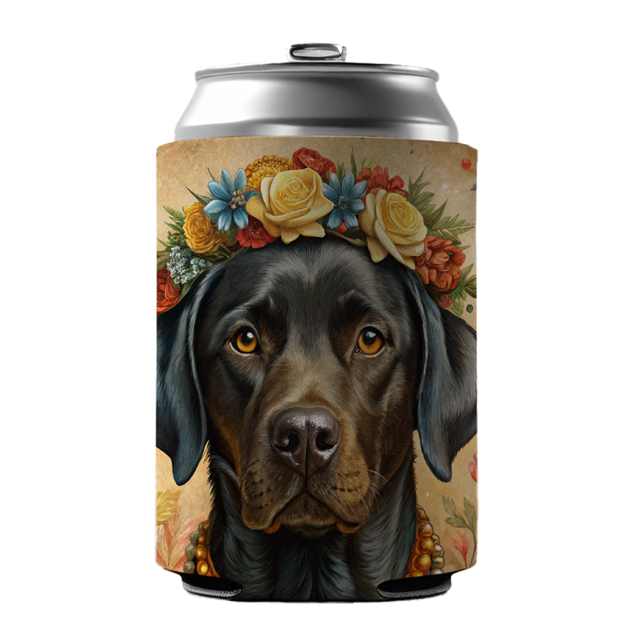 Black Labrador Retriever Dog French Bohemian Art Can Cooler Beer Soda Drink Insulated Holder Sleeve Hugger