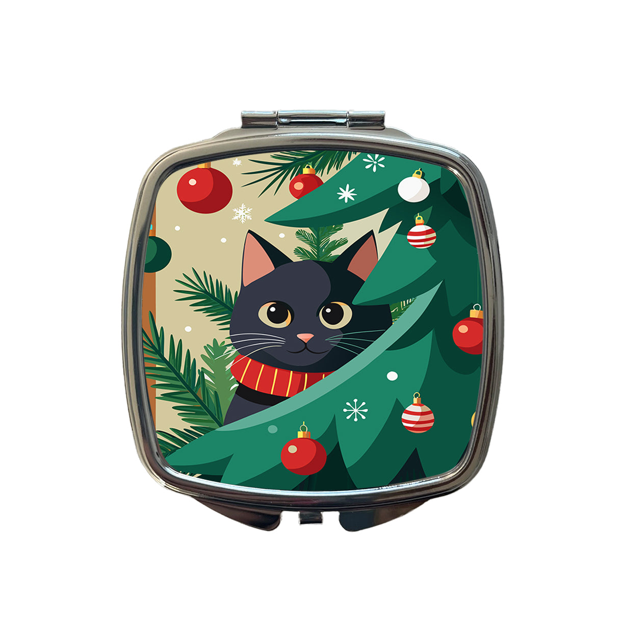 Black Cat Hiding in Christmas Tree Small Travel Purse Handbag Pocket Makeup Compact Mirror