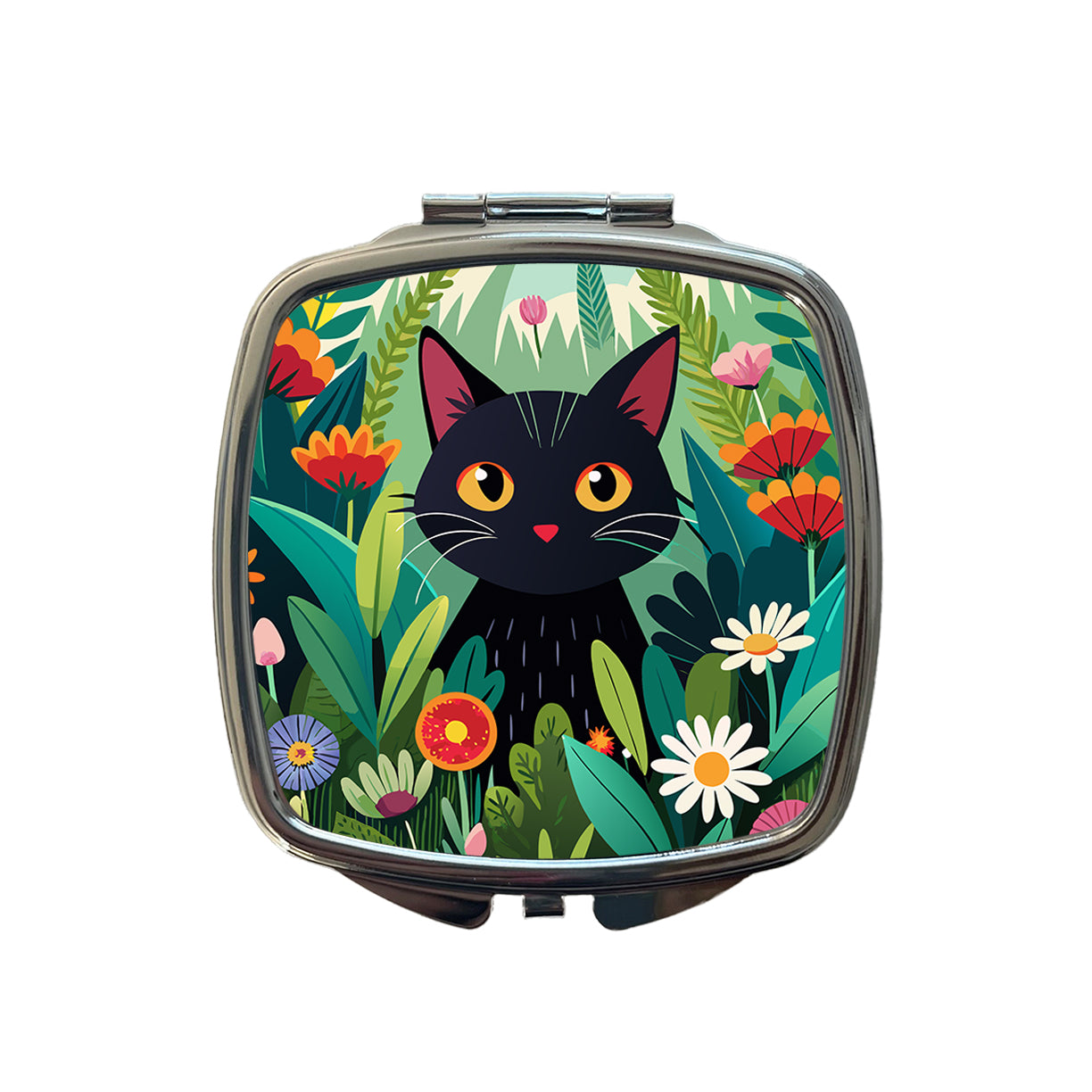 Black Cat Hiding in Flower Garden Small Travel Purse Handbag Pocket Makeup Compact Mirror