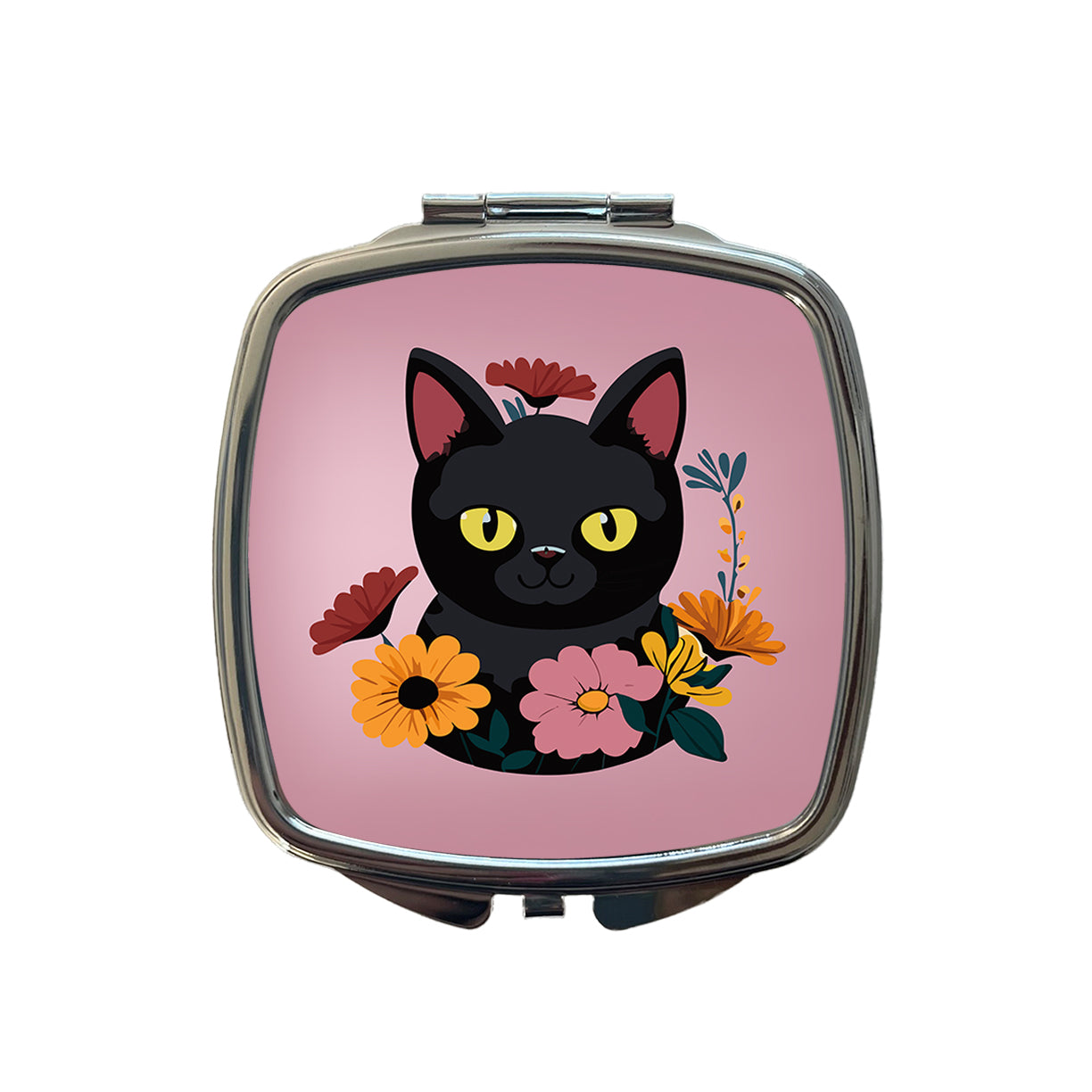 Black Cat in Flowers Small Travel Purse Handbag Pocket Makeup Compact Mirror