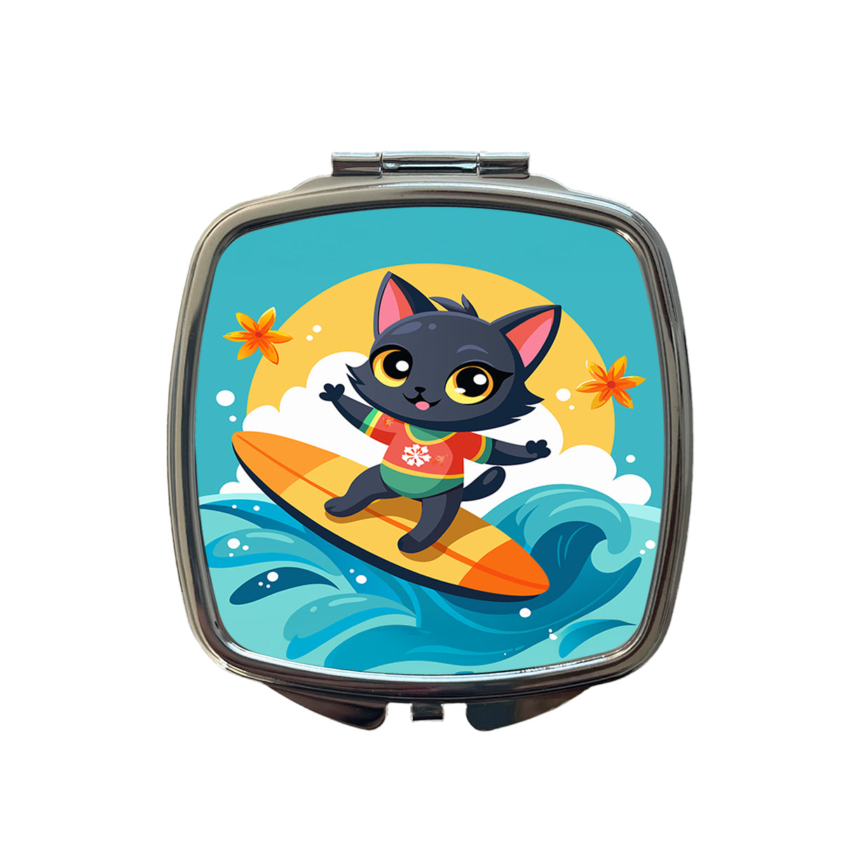 Black Cat Kitty Girl Surfing Small Travel Purse Handbag Pocket Makeup Compact Mirror