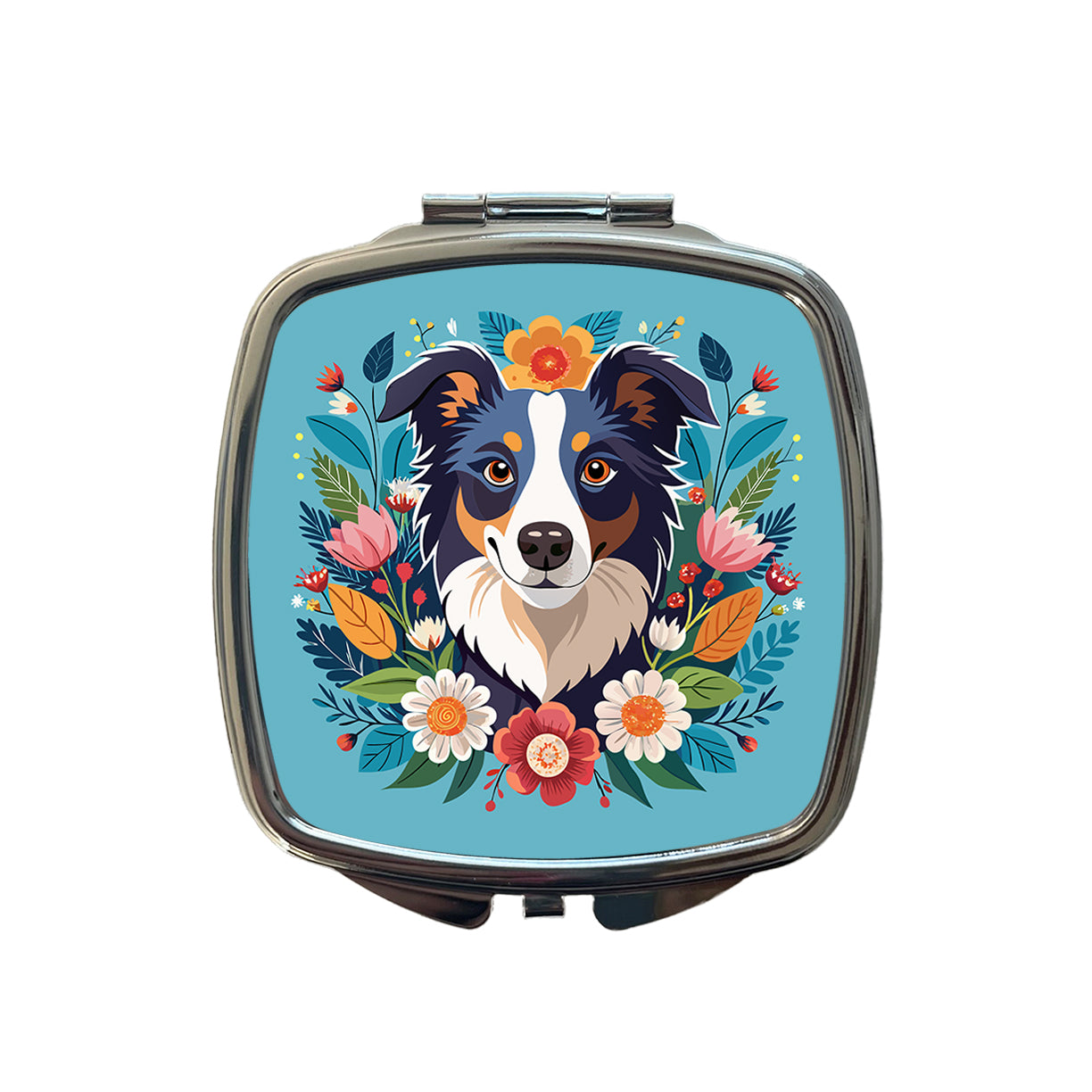 Border Collie Dog Floral Flowers Small Travel Purse Handbag Pocket Makeup Compact Mirror