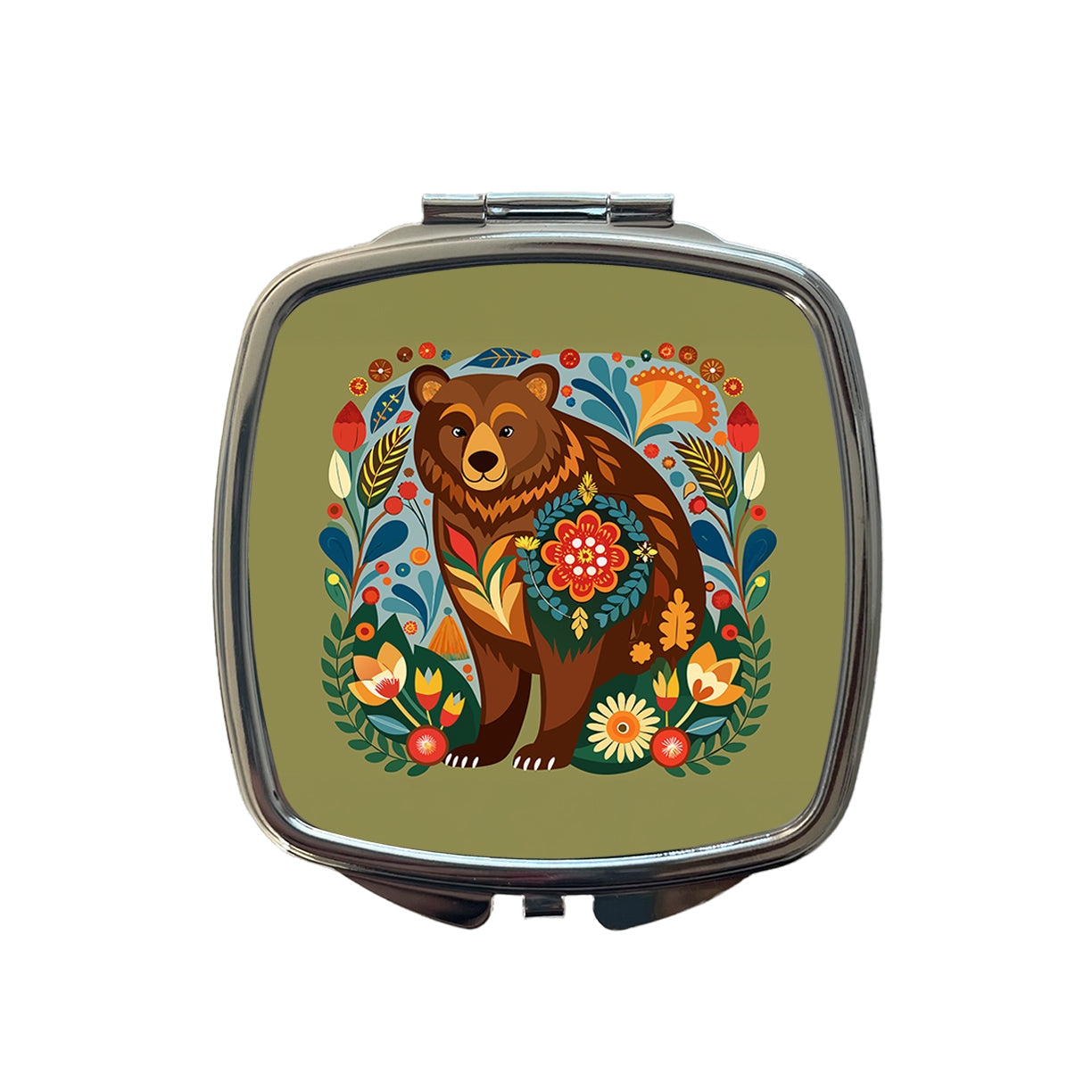 Brown Bear Floral Motif Small Travel Purse Handbag Pocket Makeup Compact Mirror