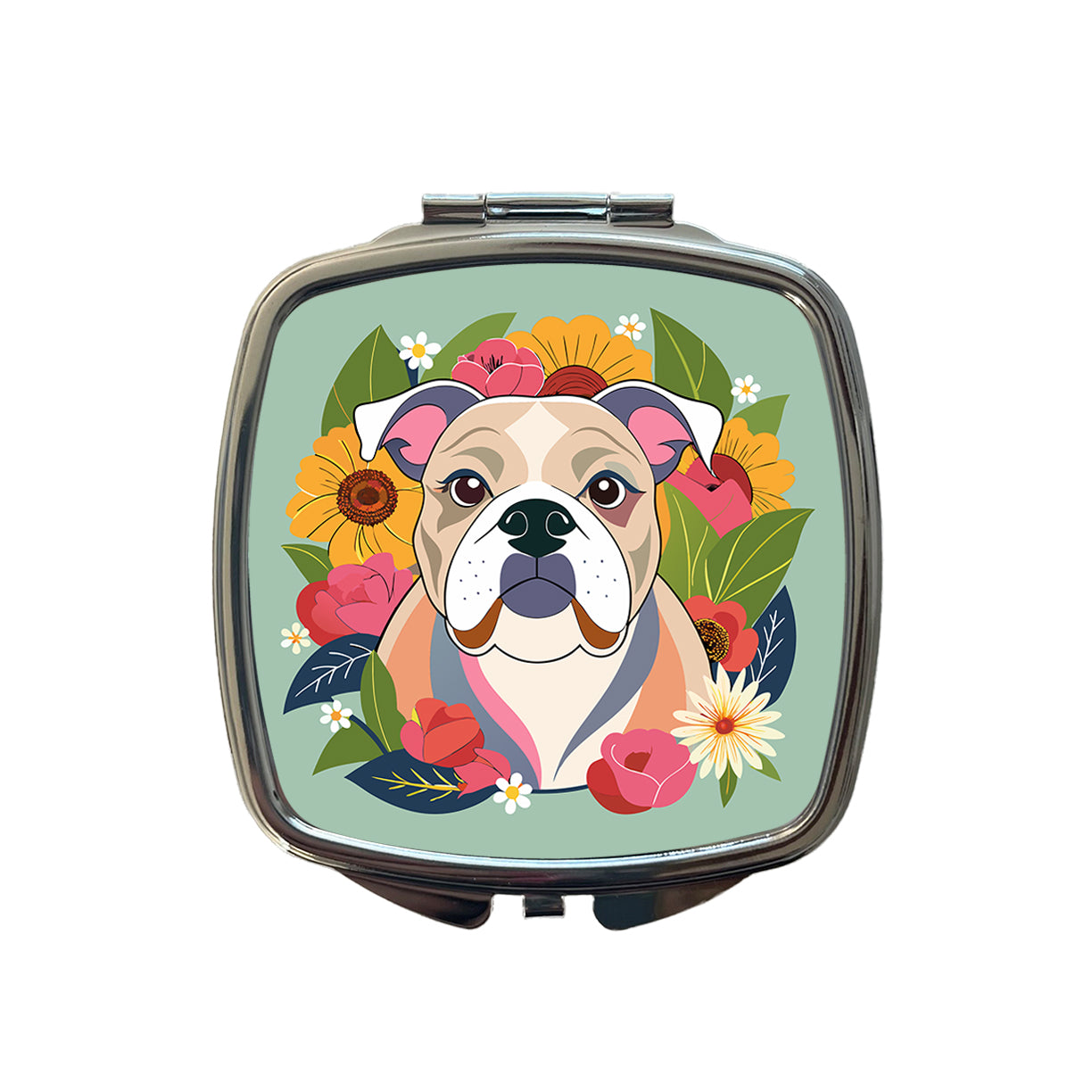 Bulldog Dog Floral Flowers Small Travel Purse Handbag Pocket Makeup Compact Mirror