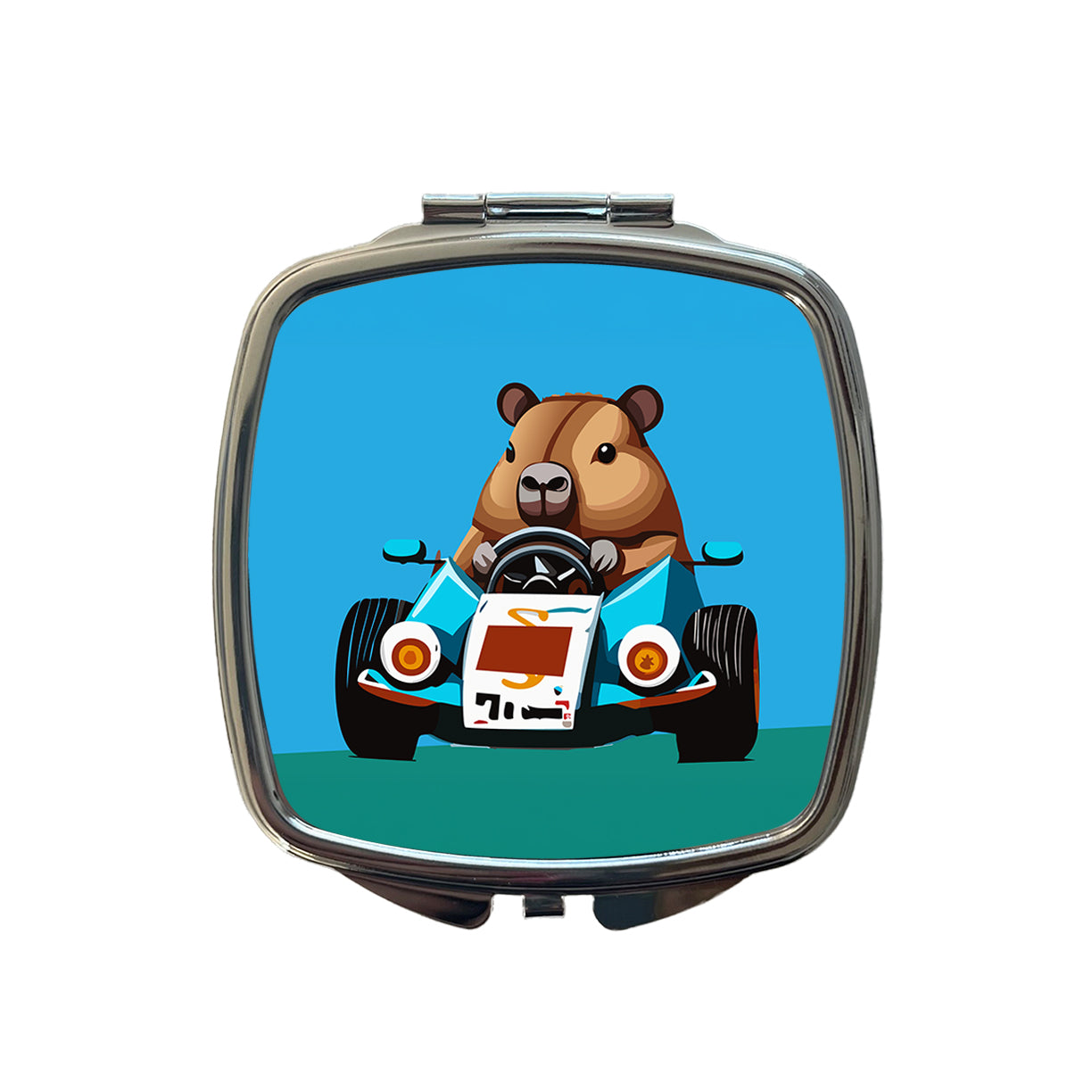 Capybara Driving Race Car Funny Small Travel Purse Handbag Pocket Makeup Compact Mirror