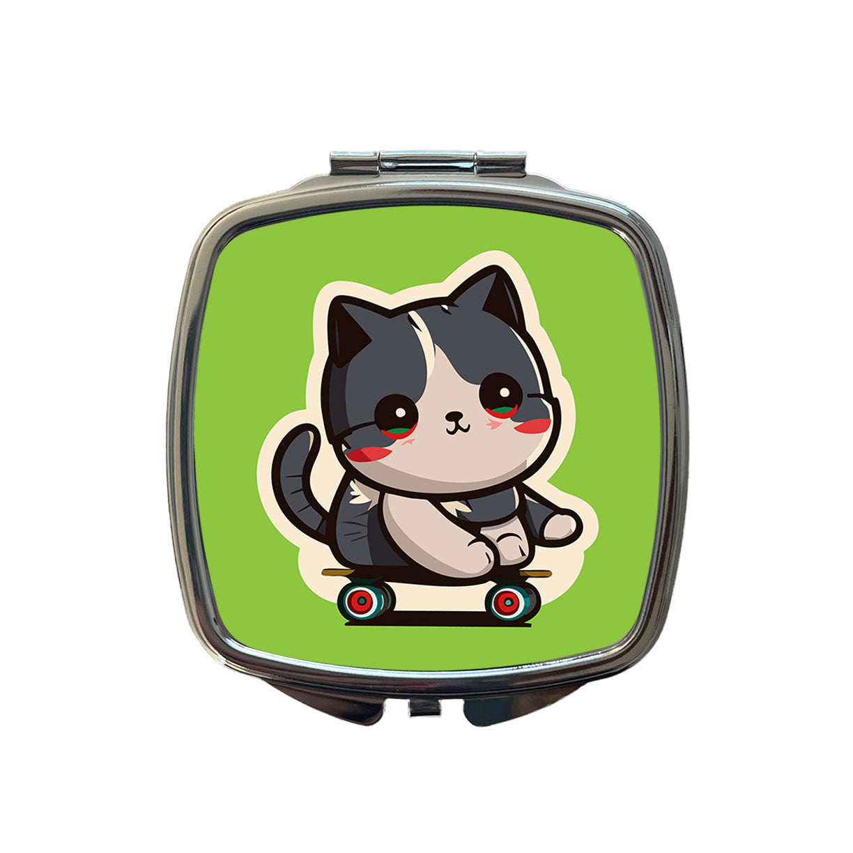 Cat Riding Skateboard Skater Kawaii Cute Small Travel Purse Handbag Pocket Makeup Compact Mirror