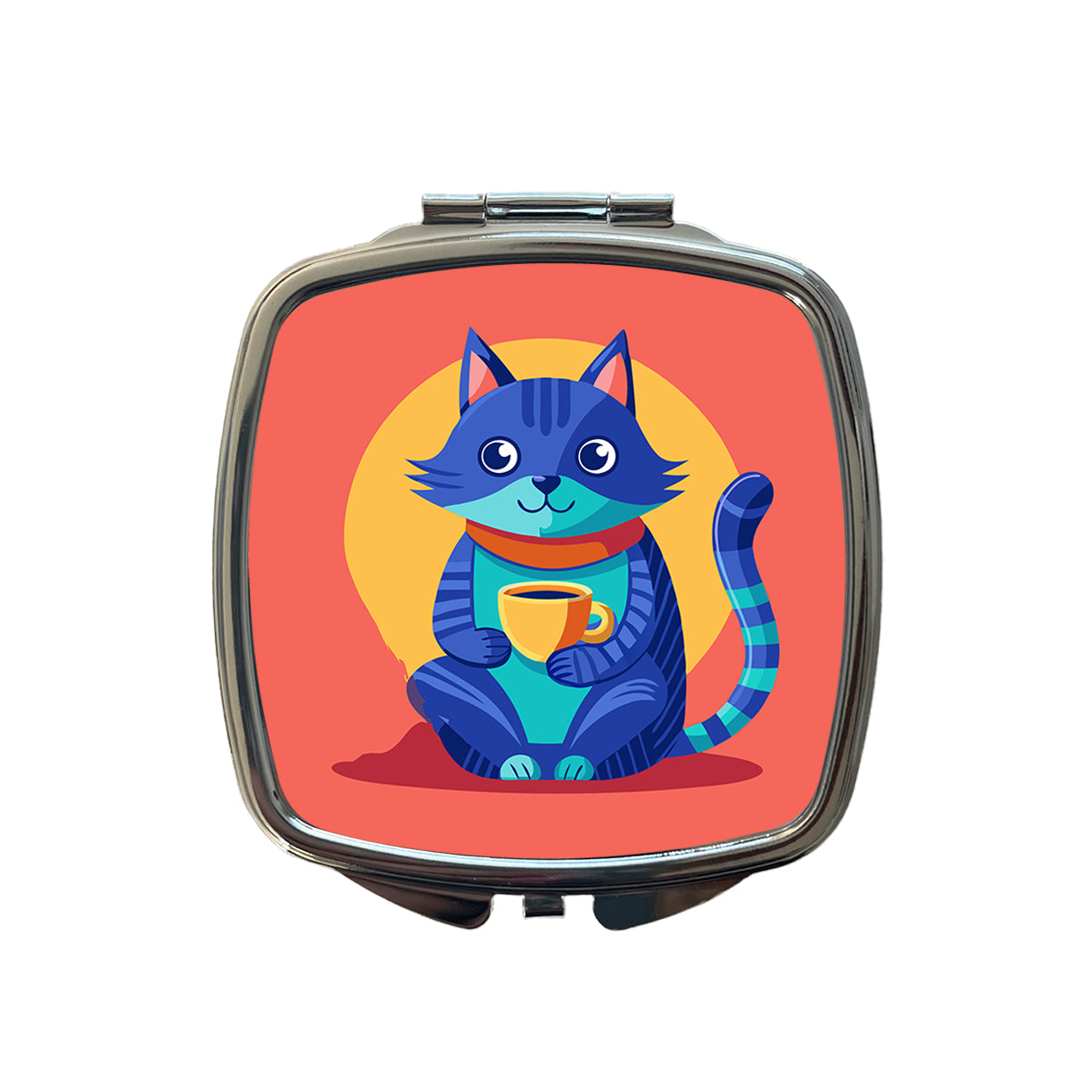 Cat Sipping Tea Small Travel Purse Handbag Pocket Makeup Compact Mirror
