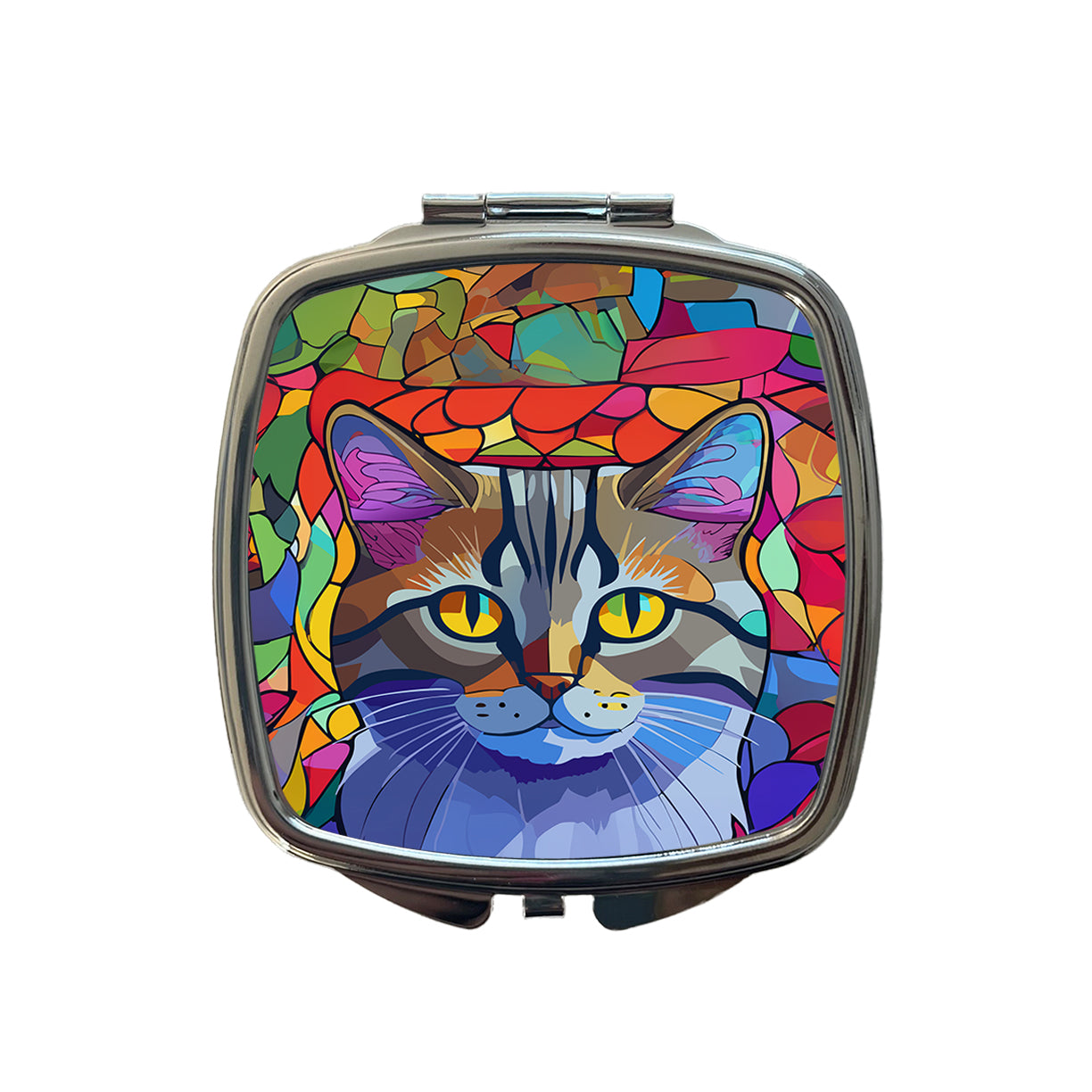 Cat Stained Glass Style Small Travel Purse Handbag Pocket Makeup Compact Mirror