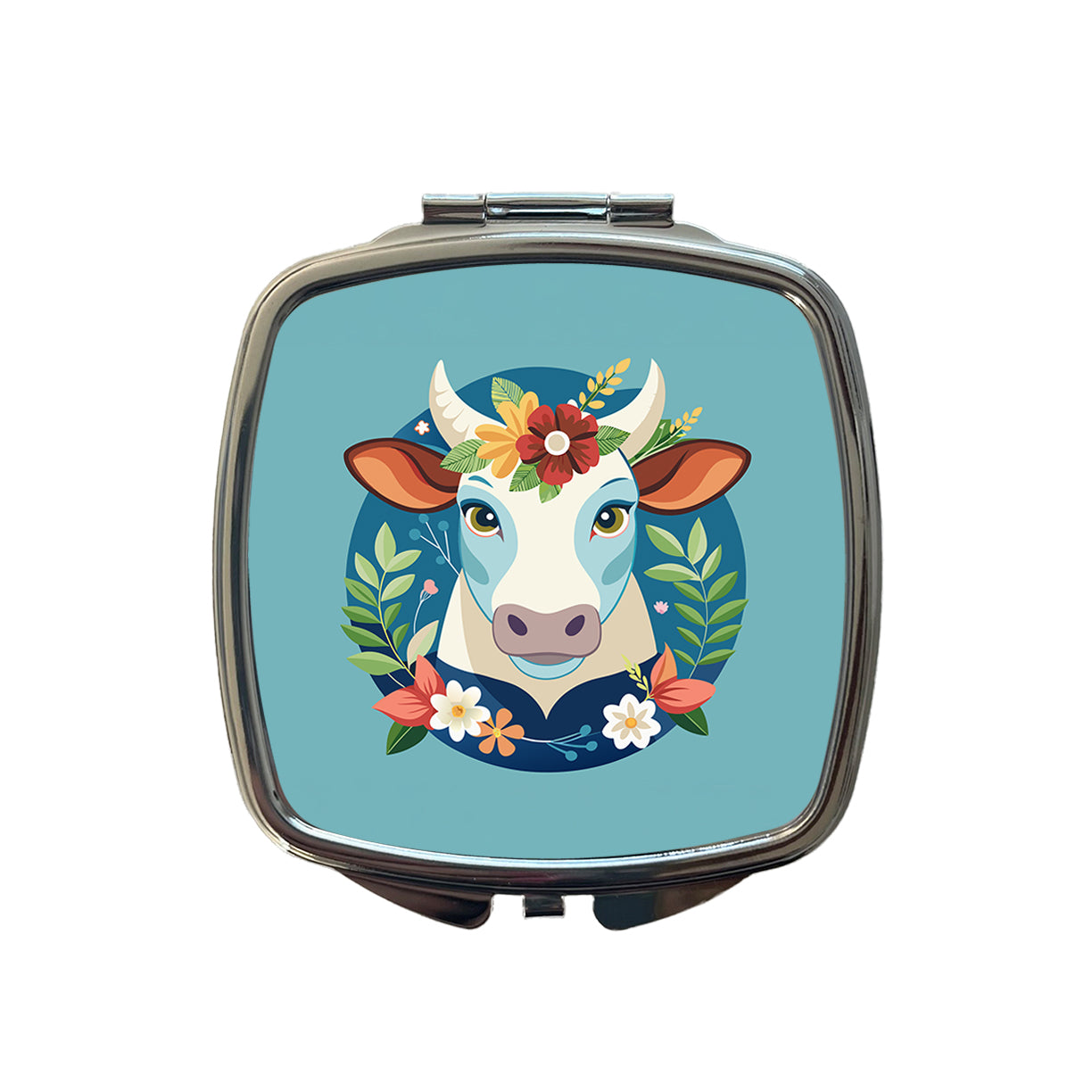Cow Head Floral Flowers Small Travel Purse Handbag Pocket Makeup Compact Mirror