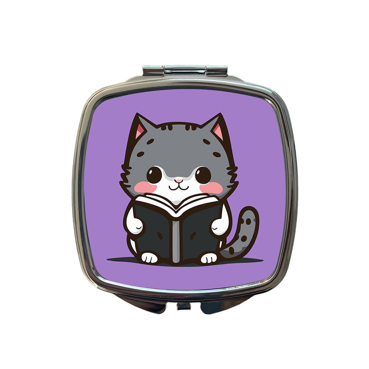 Gray Cat Reading Book Small Travel Purse Handbag Pocket Makeup Compact Mirror