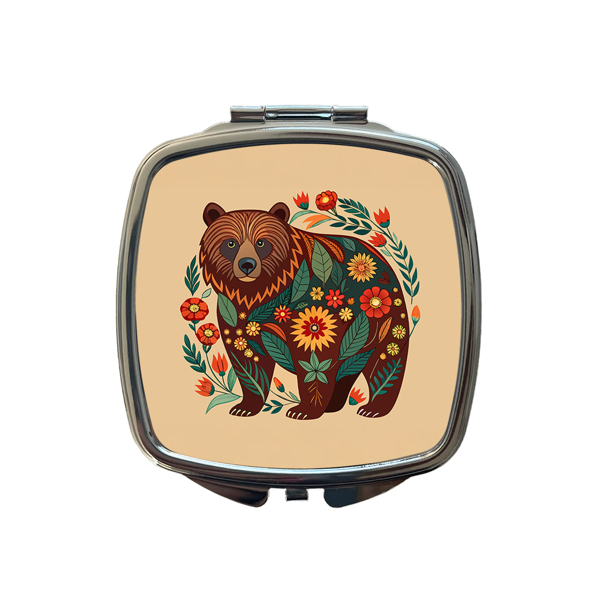 Grizzly Bear Floral Motif Small Travel Purse Handbag Pocket Makeup Compact Mirror