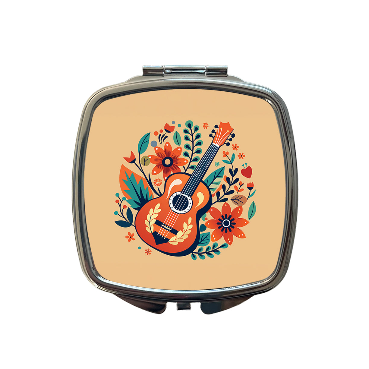 Guitar Music Floral Motif Small Travel Purse Handbag Pocket Makeup Compact Mirror