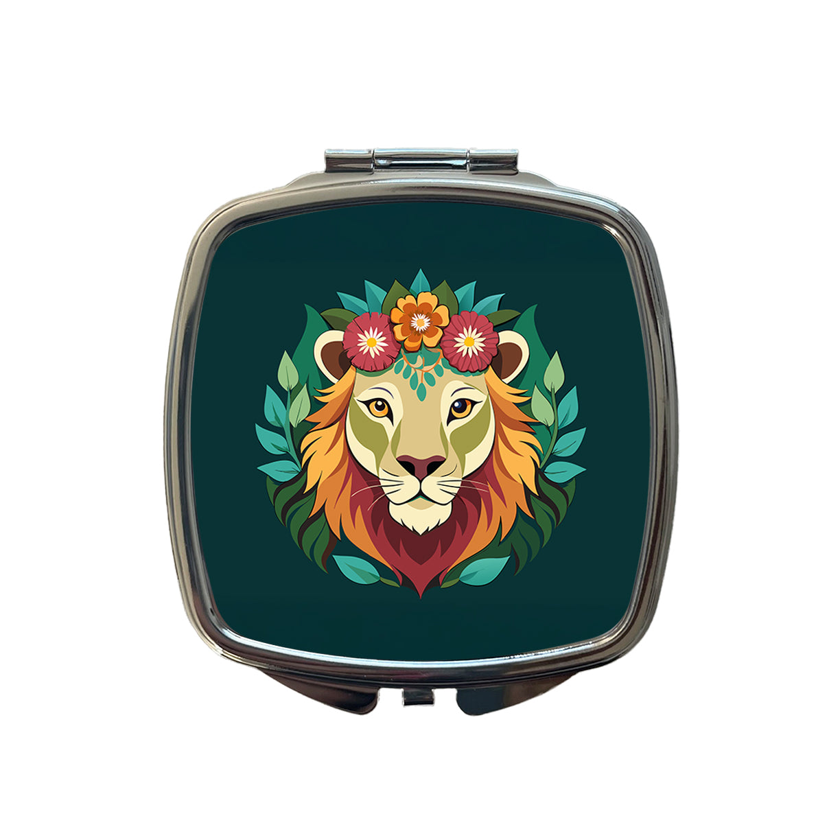 Lion Head Floral Flowers Small Travel Purse Handbag Pocket Makeup Compact Mirror