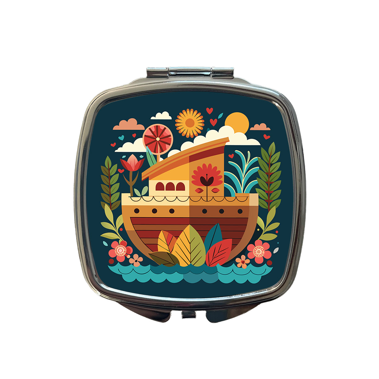 Noah's Ark Floral Bible Story Small Travel Purse Handbag Pocket Makeup Compact Mirror