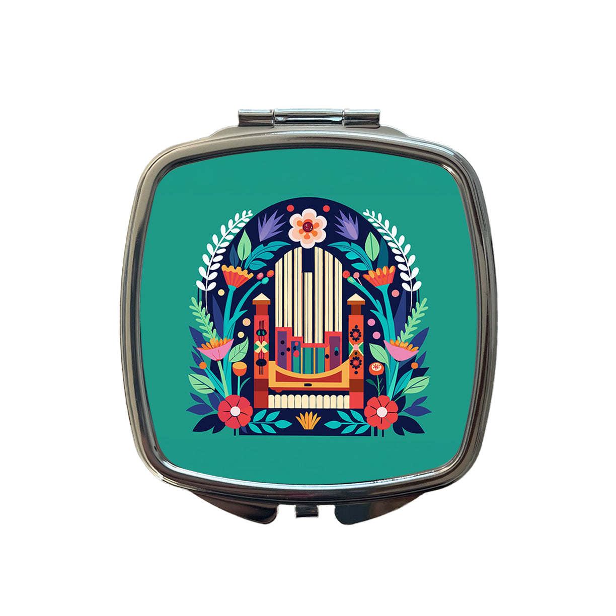 Pipe Organ Music Floral Motif Small Travel Purse Handbag Pocket Makeup Compact Mirror