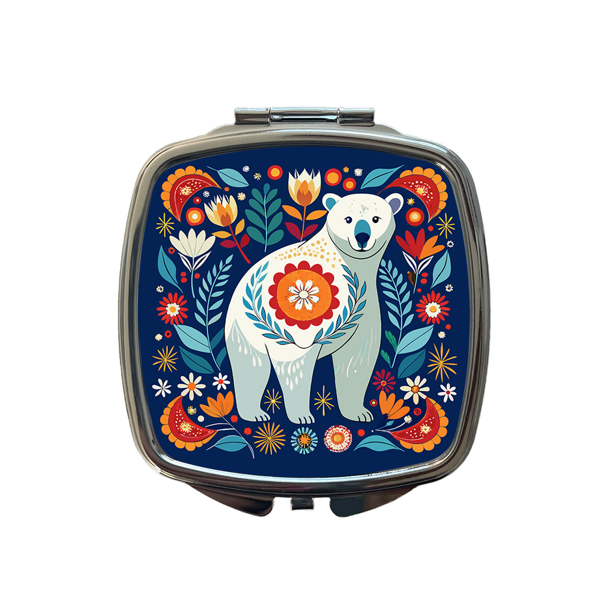 Polar Bear Floral Motif Small Travel Purse Handbag Pocket Makeup Compact Mirror