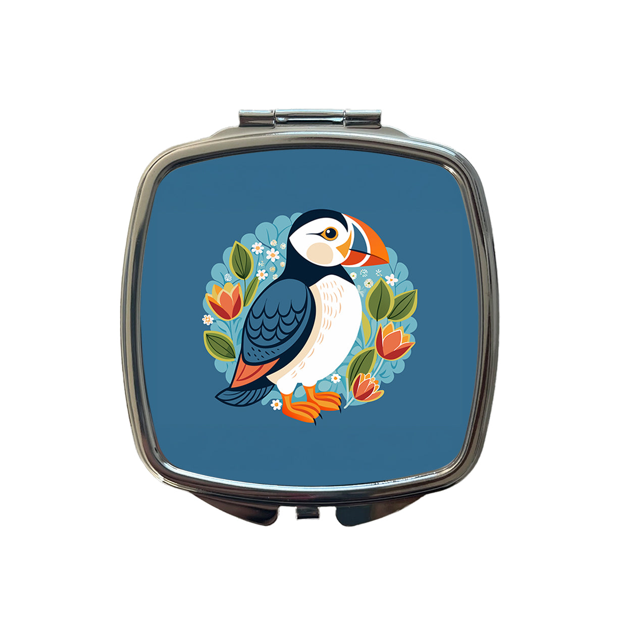 Puffin Bird Floral Flowers Small Travel Purse Handbag Pocket Makeup Compact Mirror