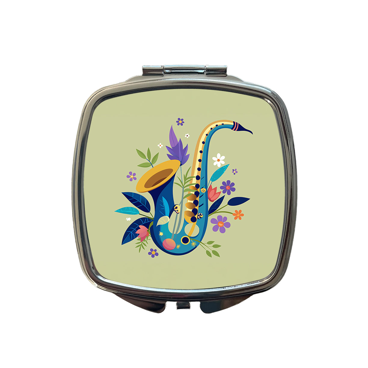Saxophone Instrument Music Floral Motif Small Travel Purse Handbag Pocket Makeup Compact Mirror