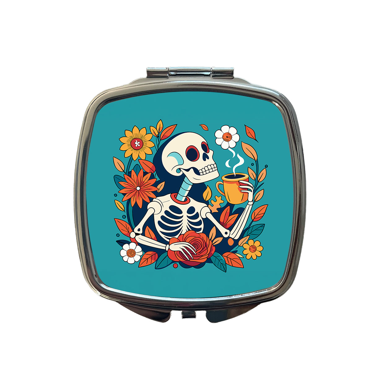 Skeleton Drinking Coffee Funny Floral Flowers Small Travel Purse Handbag Pocket Makeup Compact Mirror