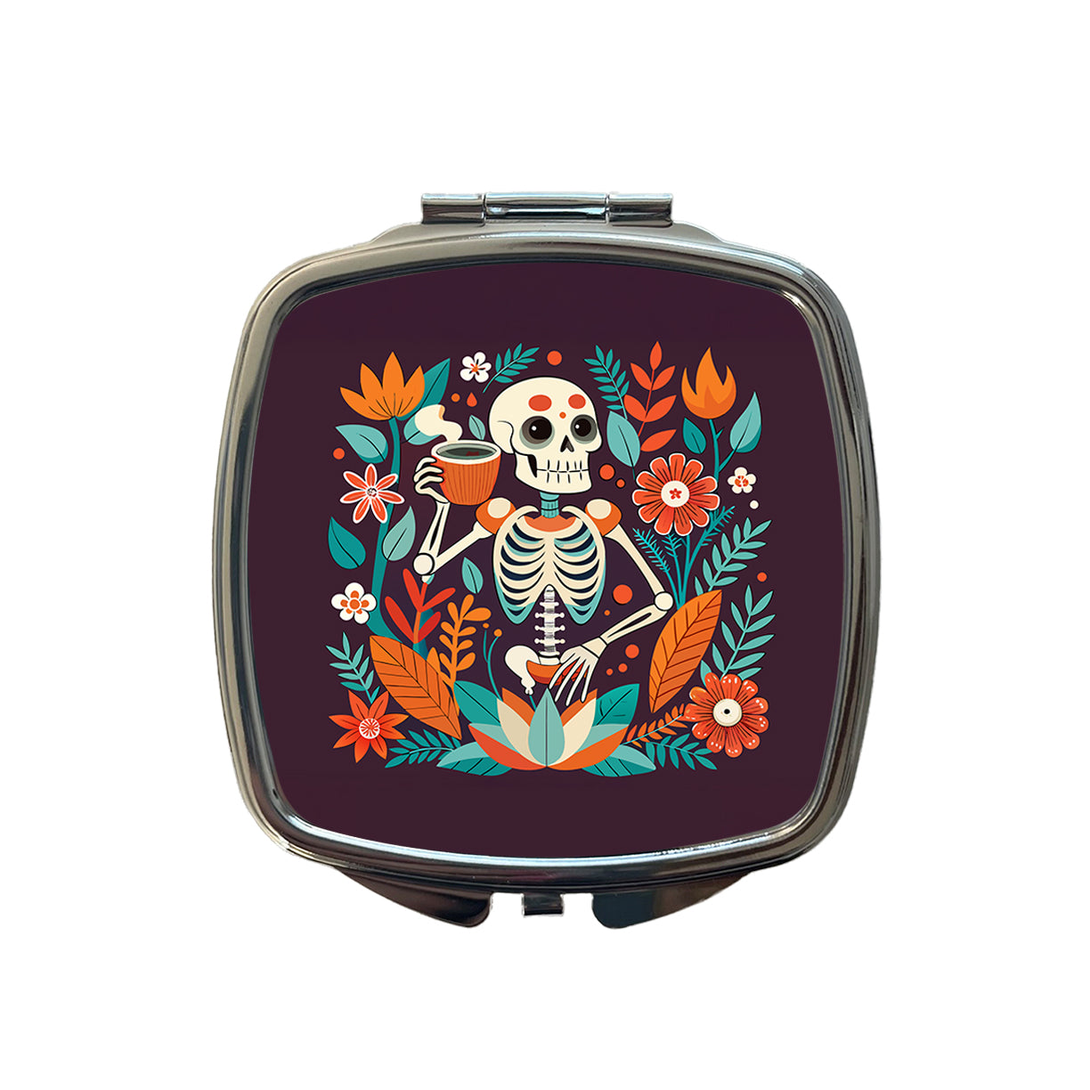 Skeleton Drinking Tea Funny Floral Flowers Small Travel Purse Handbag Pocket Makeup Compact Mirror