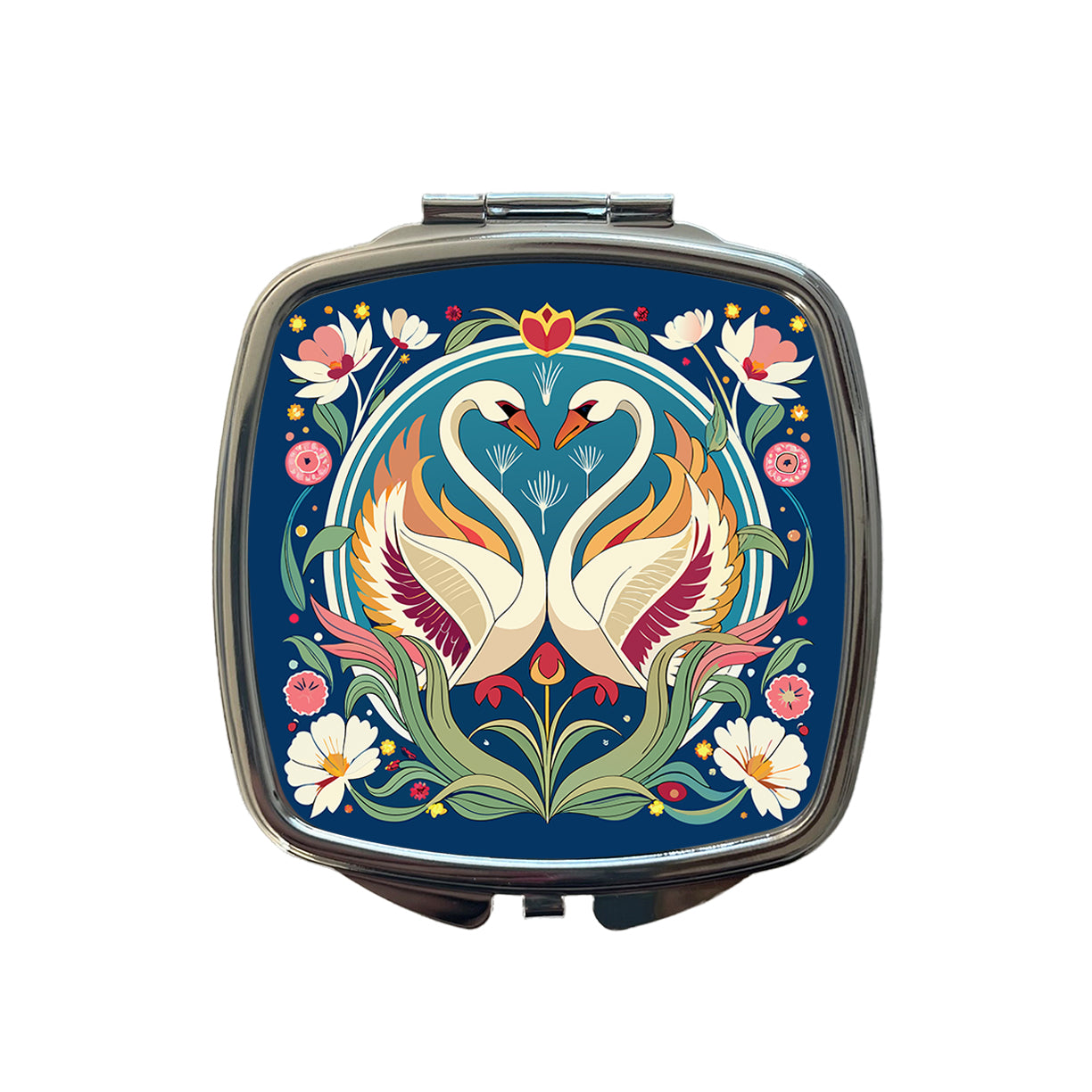 Swans Floral Art Nouveau Flowers Elegant Small Travel Purse Handbag Pocket Makeup Compact Mirror