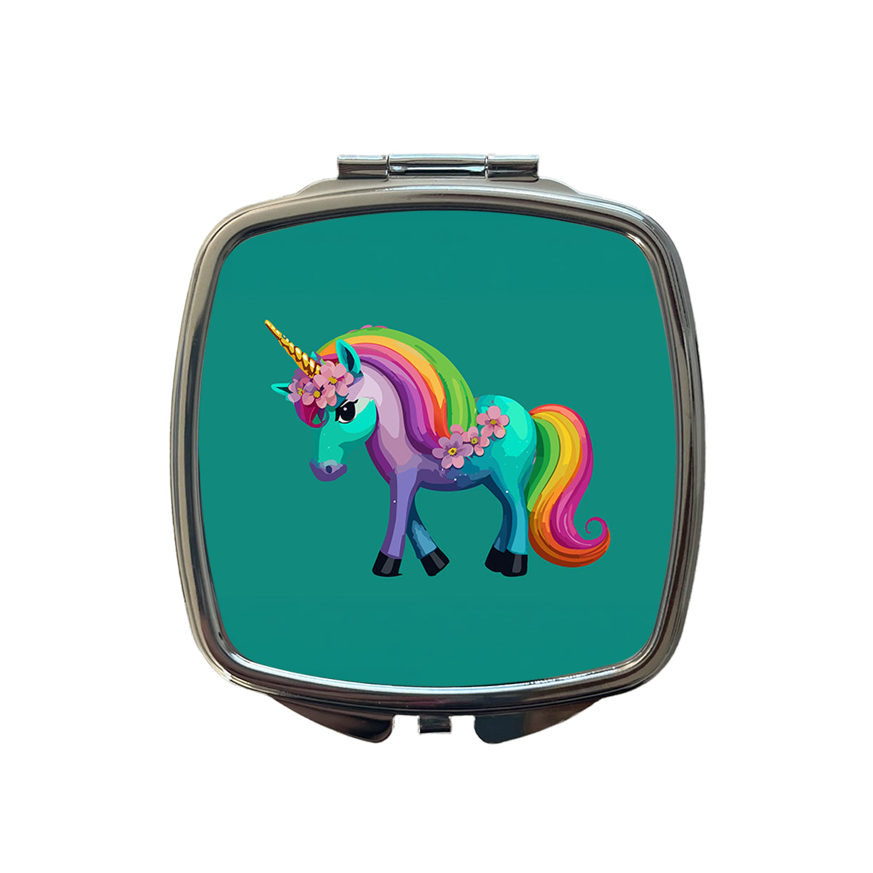 Unicorn Rainbow Standing Flowers Small Travel Purse Handbag Pocket Makeup Compact Mirror