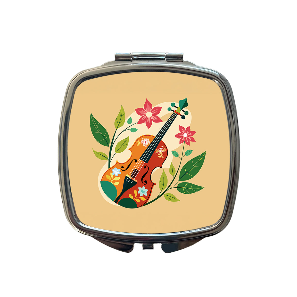 Violin Music Floral Motif Small Travel Purse Handbag Pocket Makeup Compact Mirror