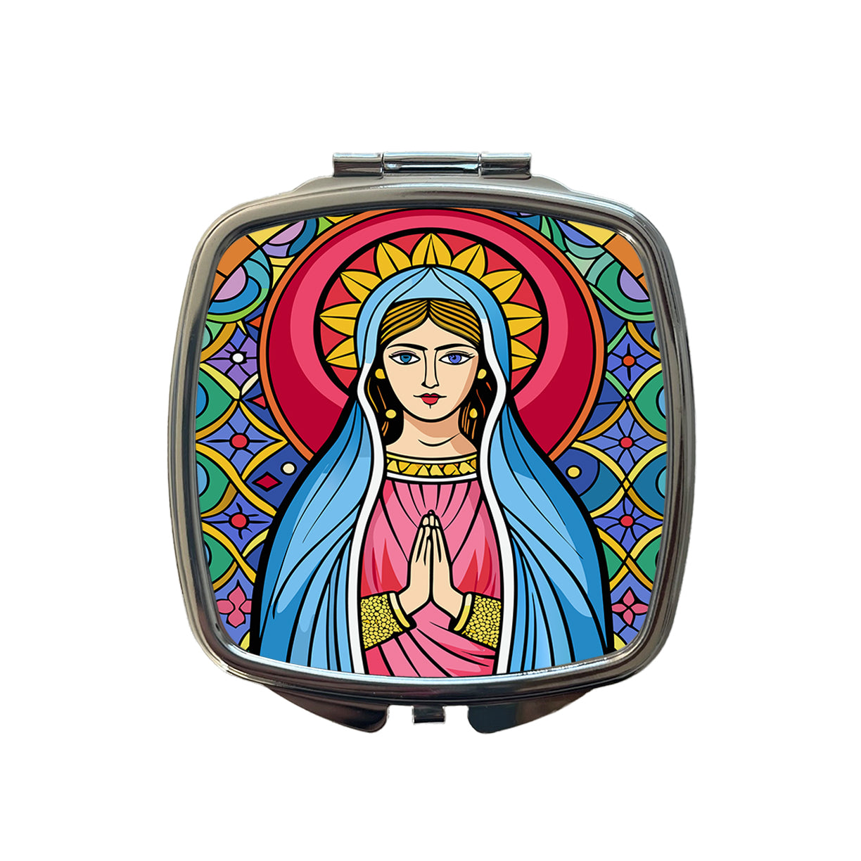 Virgin Mary Stained Glass Christian Religious Catholic Small Travel Purse Handbag Pocket Makeup Compact Mirror