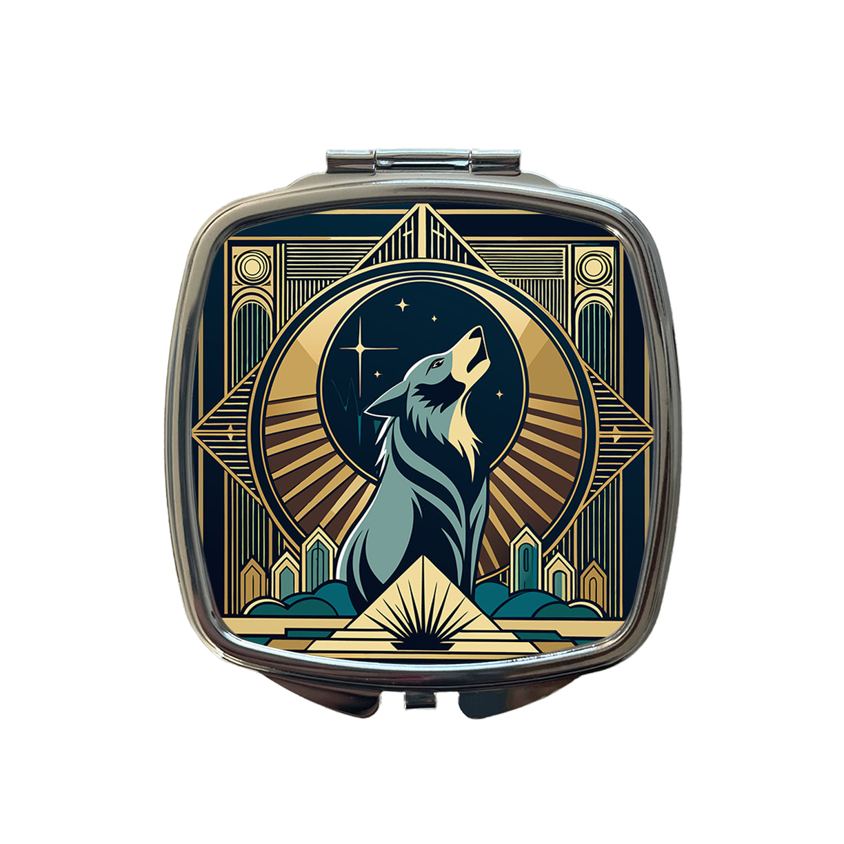 Wolf Howling at Moon Art Deco Small Travel Purse Handbag Pocket Makeup Compact Mirror