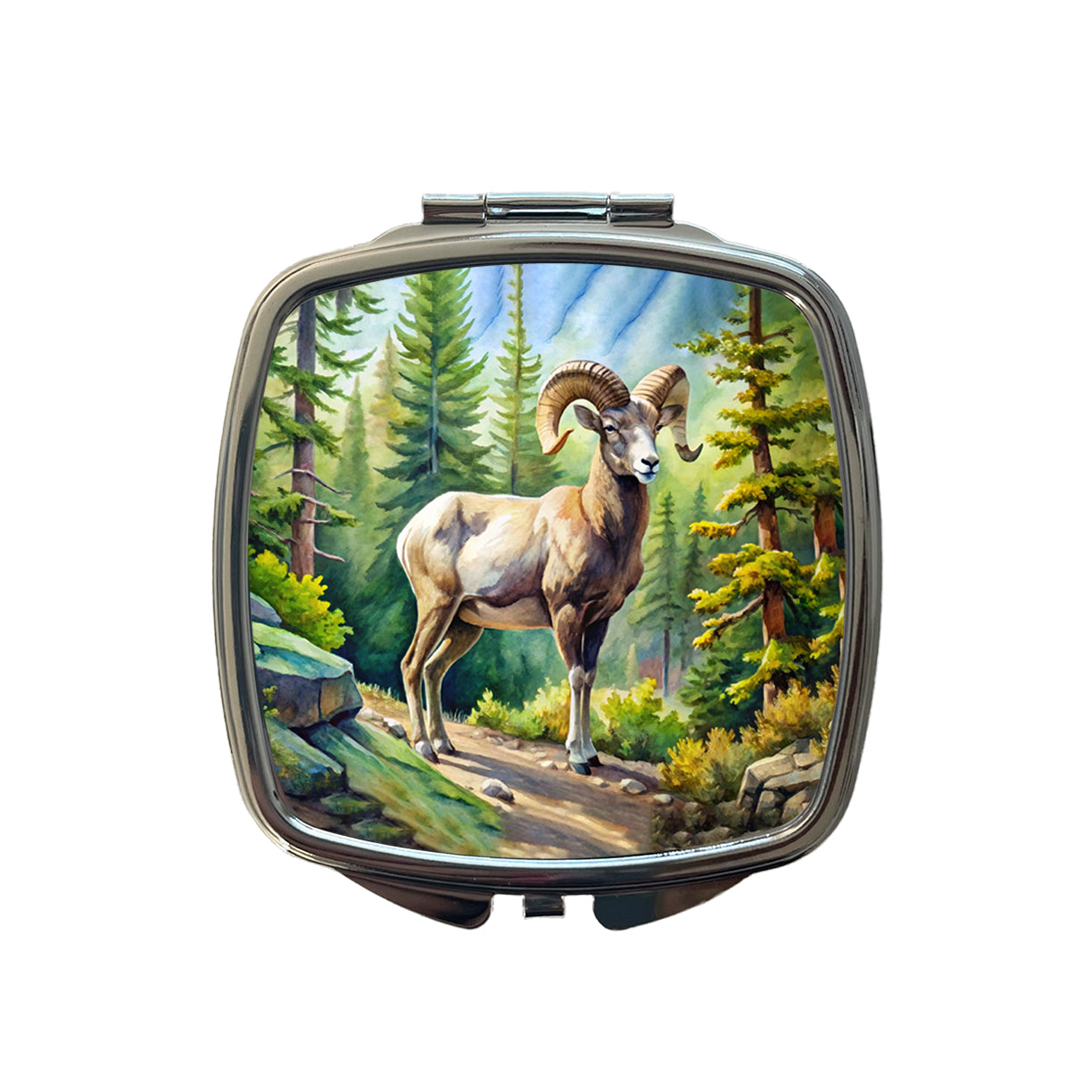 Bighorn Sheep In Forest Watercolor Small Travel Purse Handbag Pocket Makeup Compact Mirror