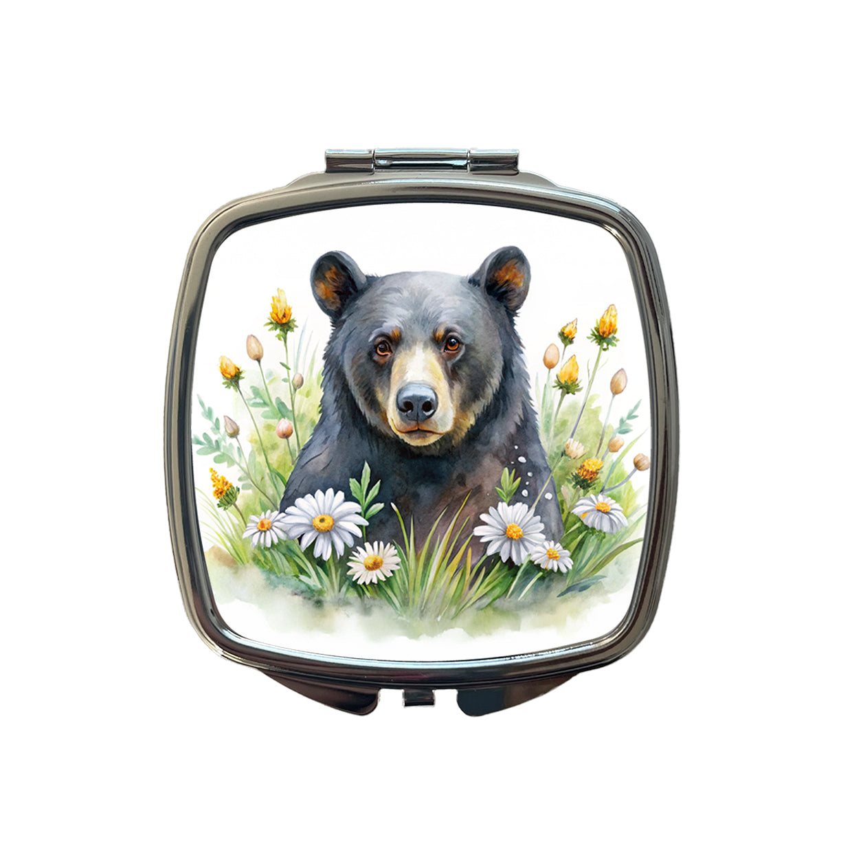 Black Bear Watercolor Design With Daisies Small Travel Purse Handbag Pocket Makeup Compact Mirror