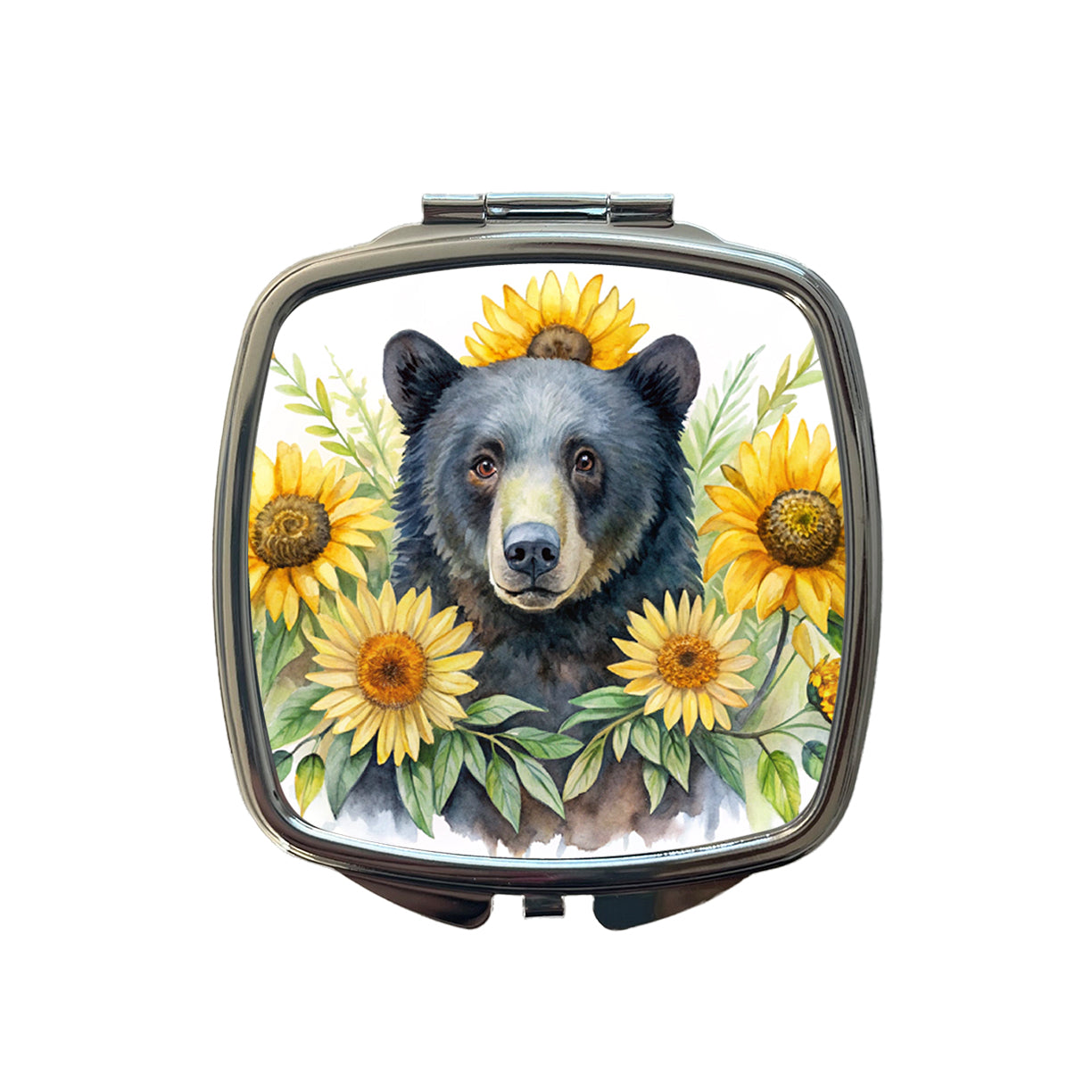 Black Bear Watercolor Design With Sunflowers Small Travel Purse Handbag Pocket Makeup Compact Mirror