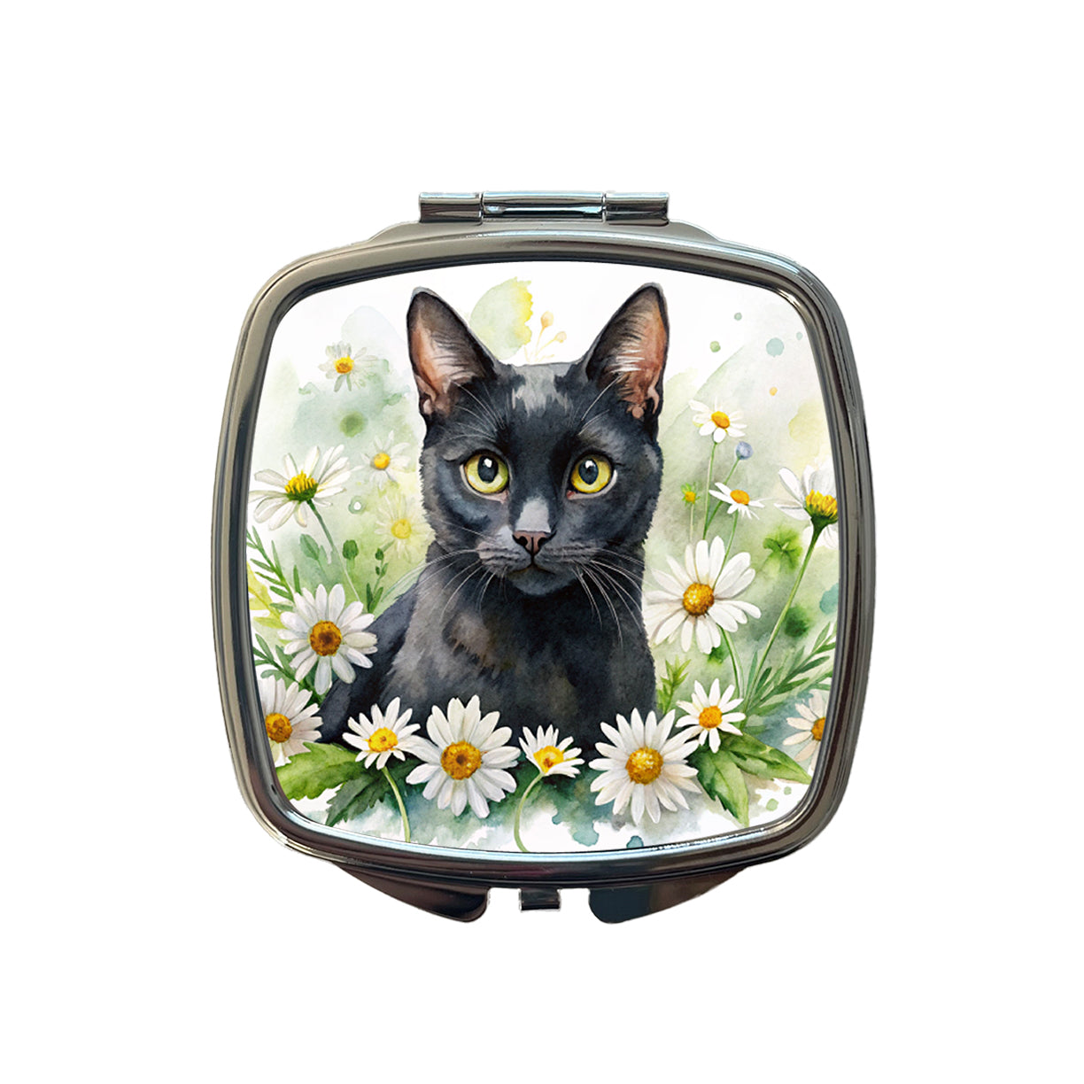 Black Cat Watercolor Design With Daisies Small Travel Purse Handbag Pocket Makeup Compact Mirror
