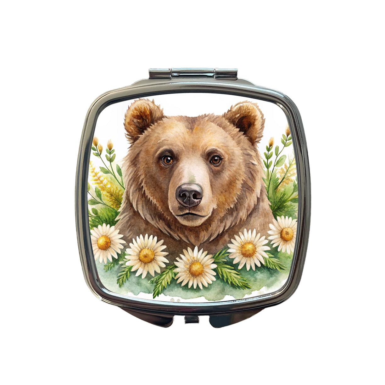 Brown Bear Watercolor Design With Daisies Small Travel Purse Handbag Pocket Makeup Compact Mirror