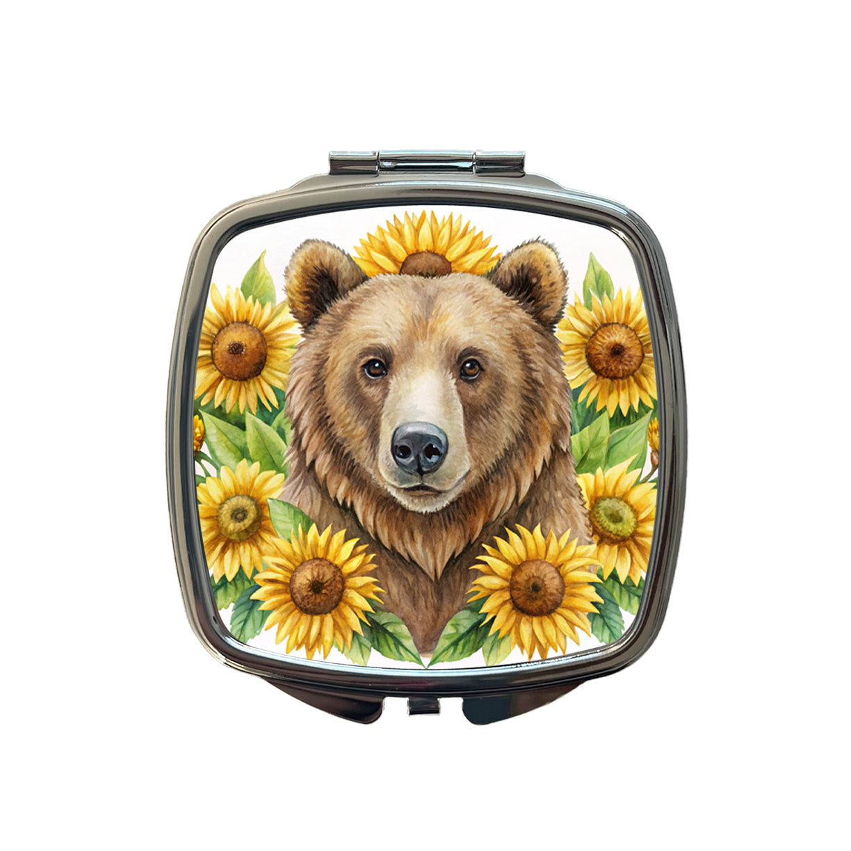 Brown Bear Watercolor Design With Sunflowers Small Travel Purse Handbag Pocket Makeup Compact Mirror