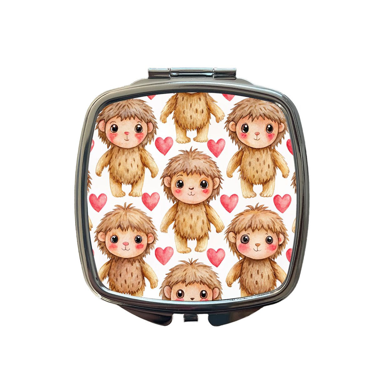 Chibi Sasquatch Big Foot Hearts Watercolor Small Travel Purse Handbag Pocket Makeup Compact Mirror