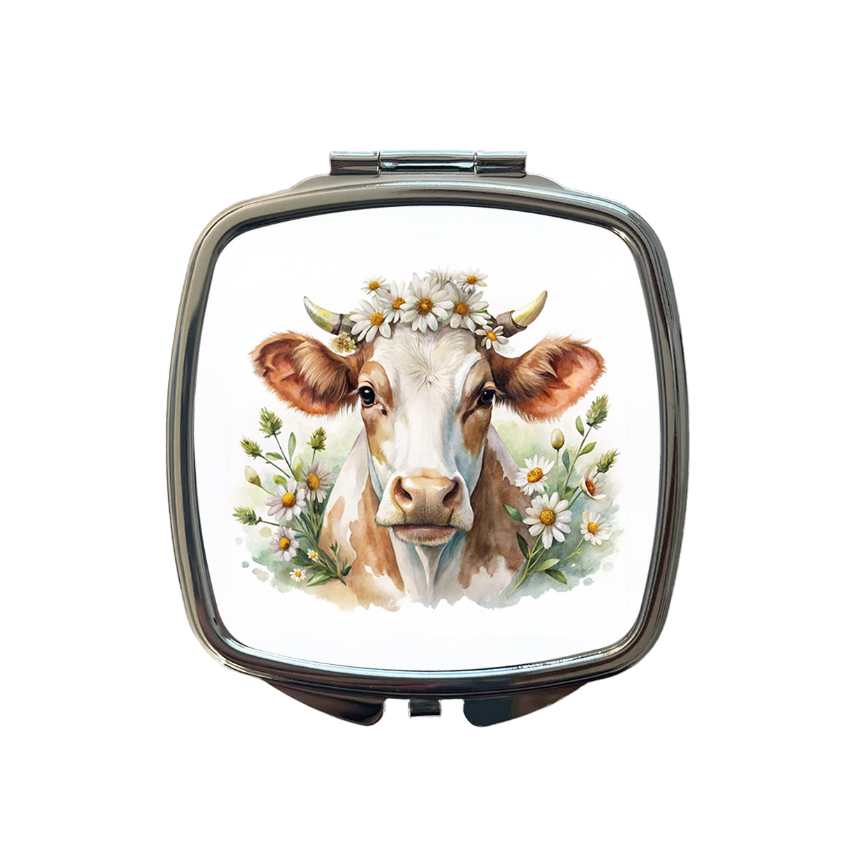 Cow Watercolor With Daisies Small Travel Purse Handbag Pocket Makeup Compact Mirror