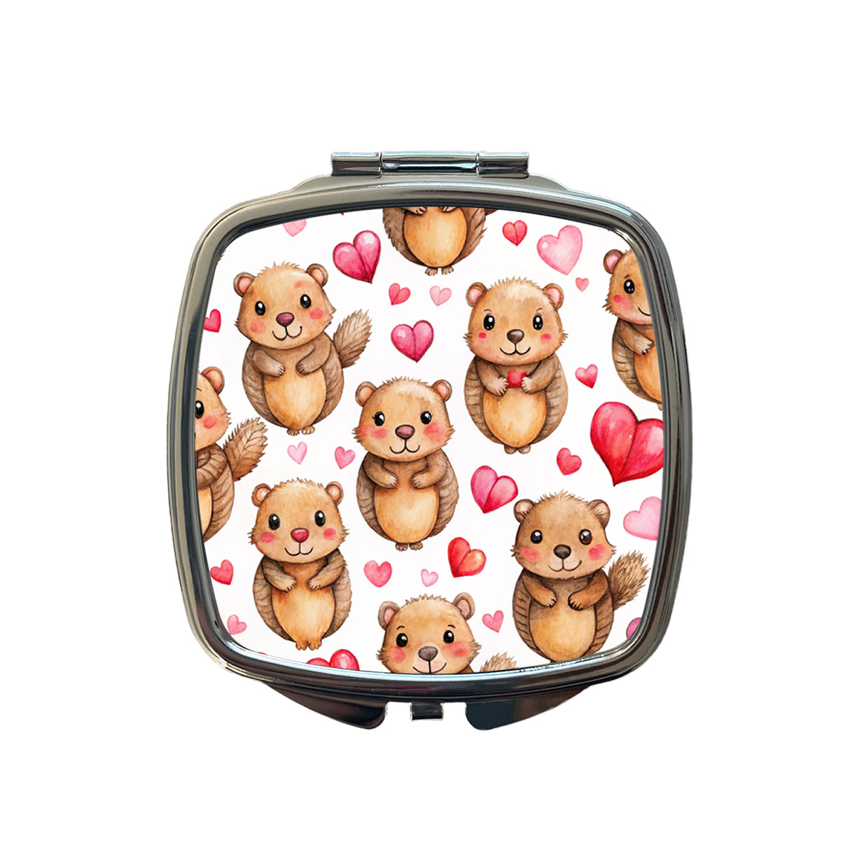 Cute Beavers Hearts Watercolor Small Travel Purse Handbag Pocket Makeup Compact Mirror