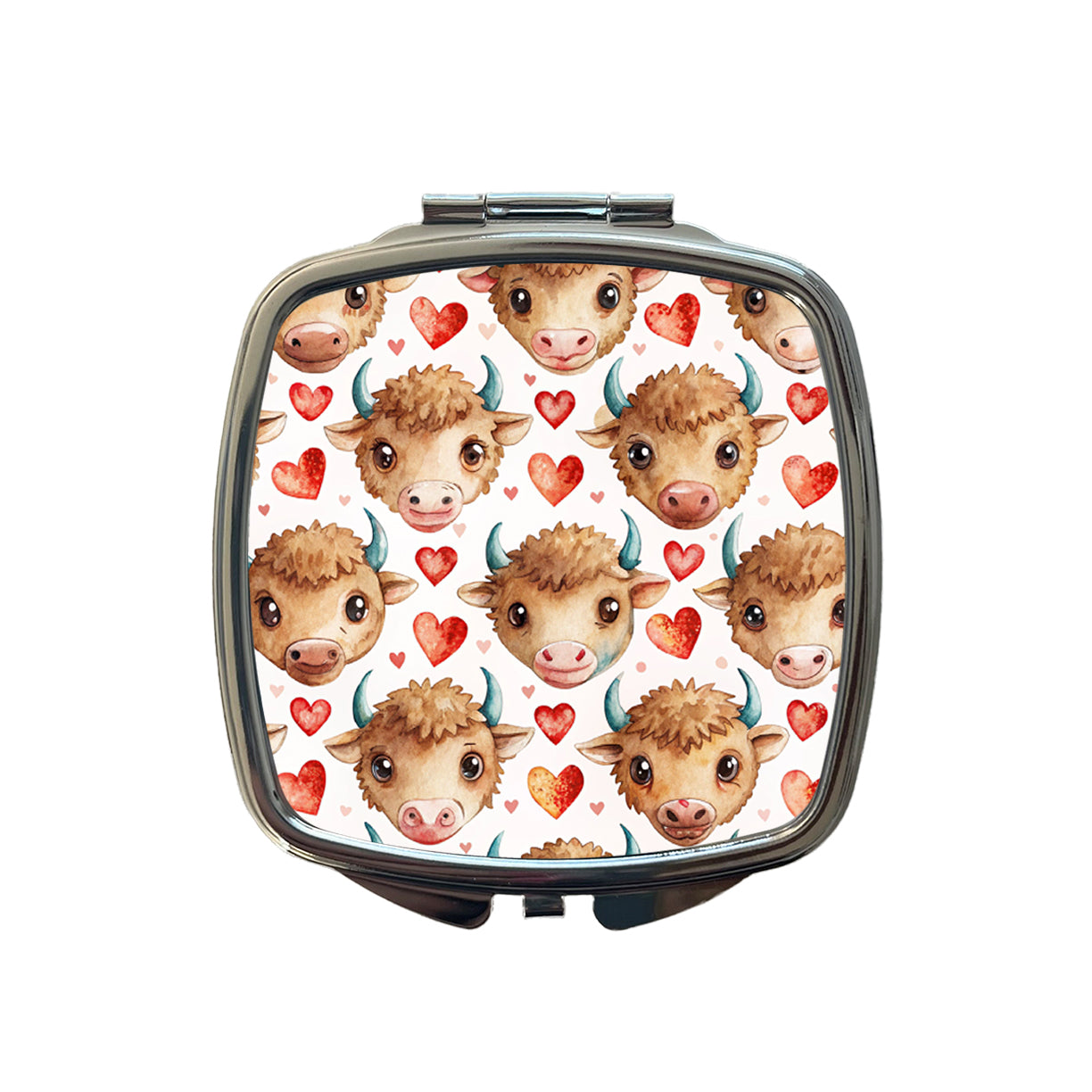 Cute Bison Faces Hearts Watercolor Small Travel Purse Handbag Pocket Makeup Compact Mirror
