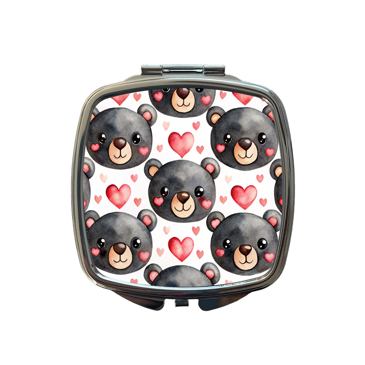 Cute Black Bear Faces Hearts Small Travel Purse Handbag Pocket Makeup Compact Mirror