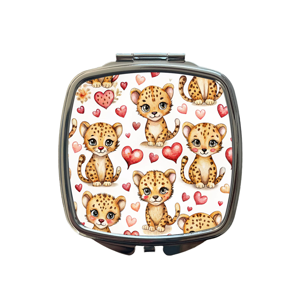 Cute Cheetahs Hearts Watercolor Small Travel Purse Handbag Pocket Makeup Compact Mirror