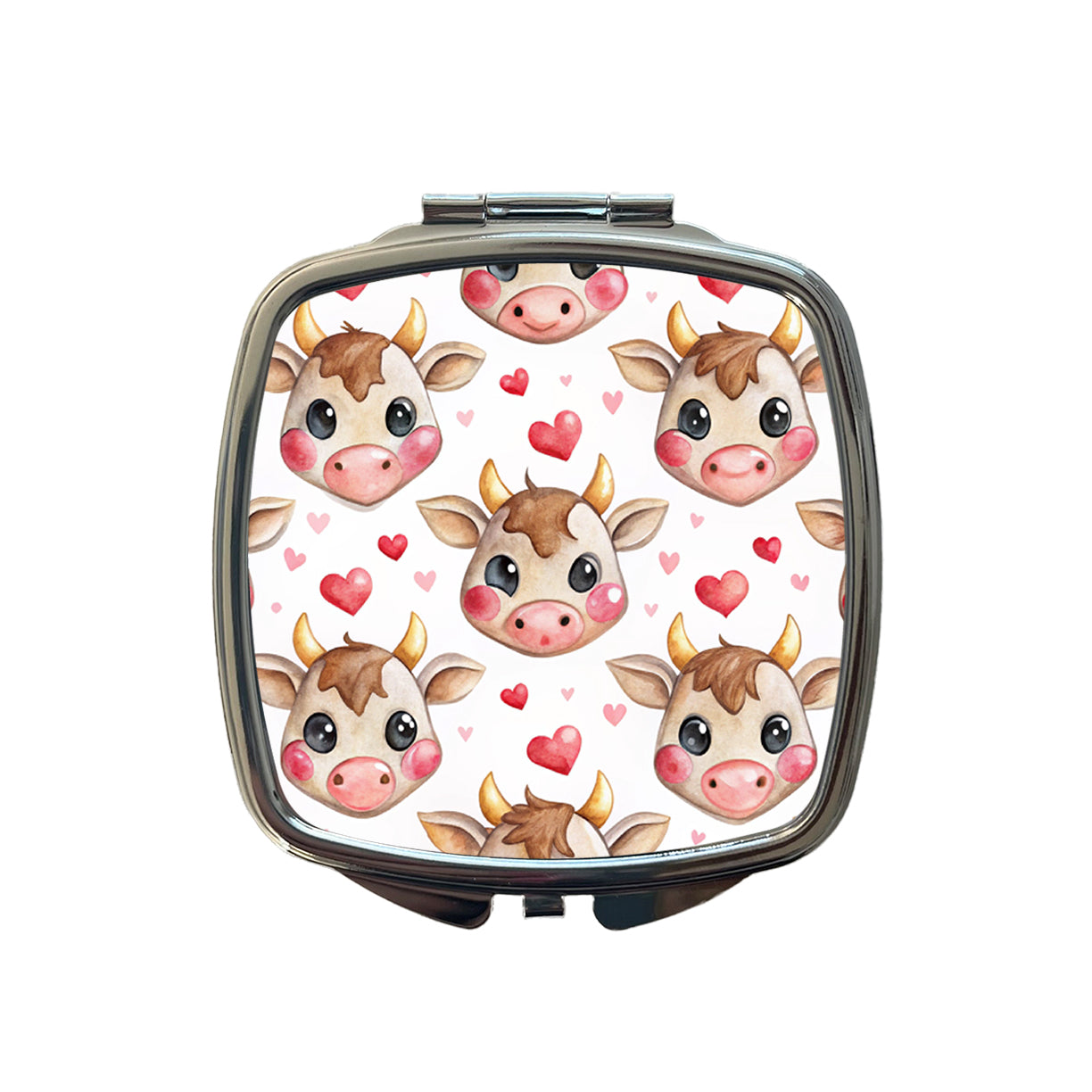 Cute Cow Faces Hearts Watercolor Small Travel Purse Handbag Pocket Makeup Compact Mirror