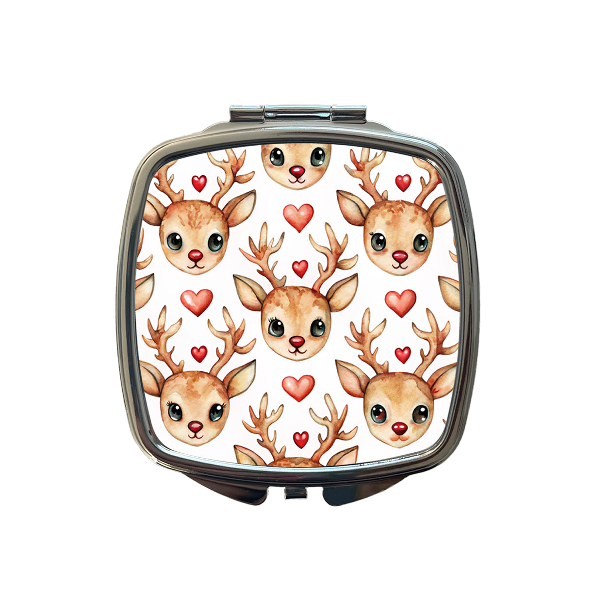 Cute Deer Faces Hearts Watercolor Small Travel Purse Handbag Pocket Makeup Compact Mirror