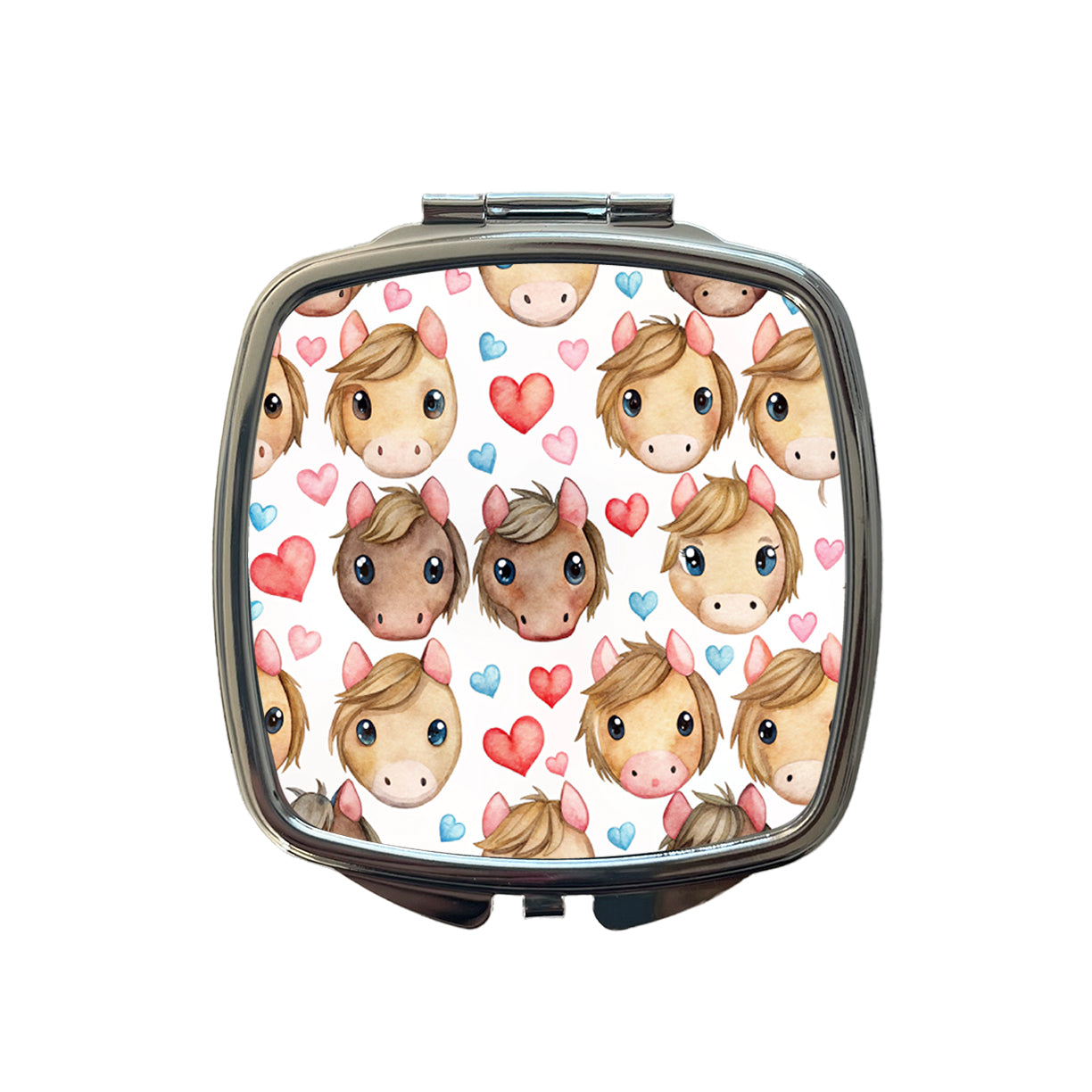 Cute Horse Faces Hearts Watercolor Small Travel Purse Handbag Pocket Makeup Compact Mirror