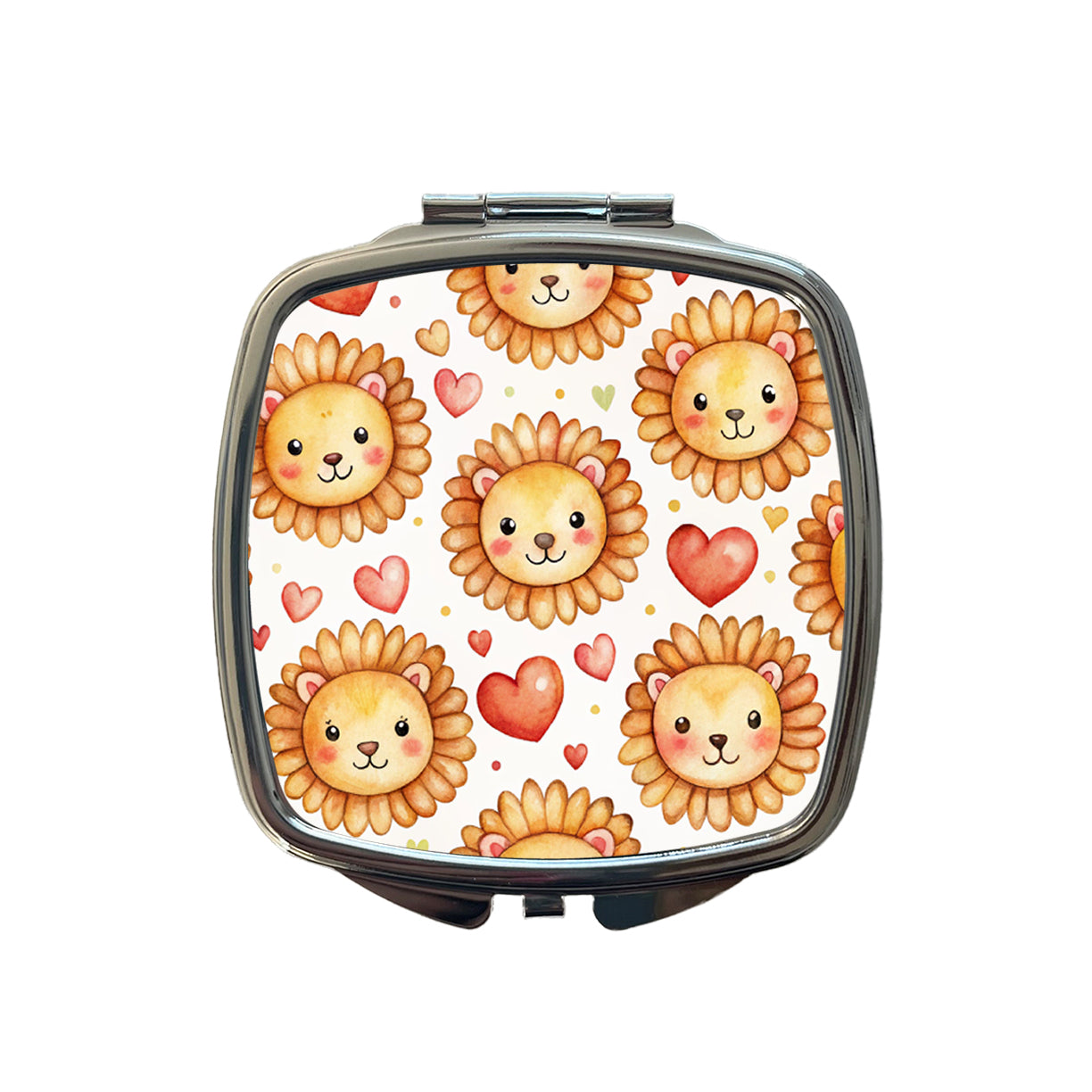 Cute Lion Faces Hearts Watercolor Small Travel Purse Handbag Pocket Makeup Compact Mirror
