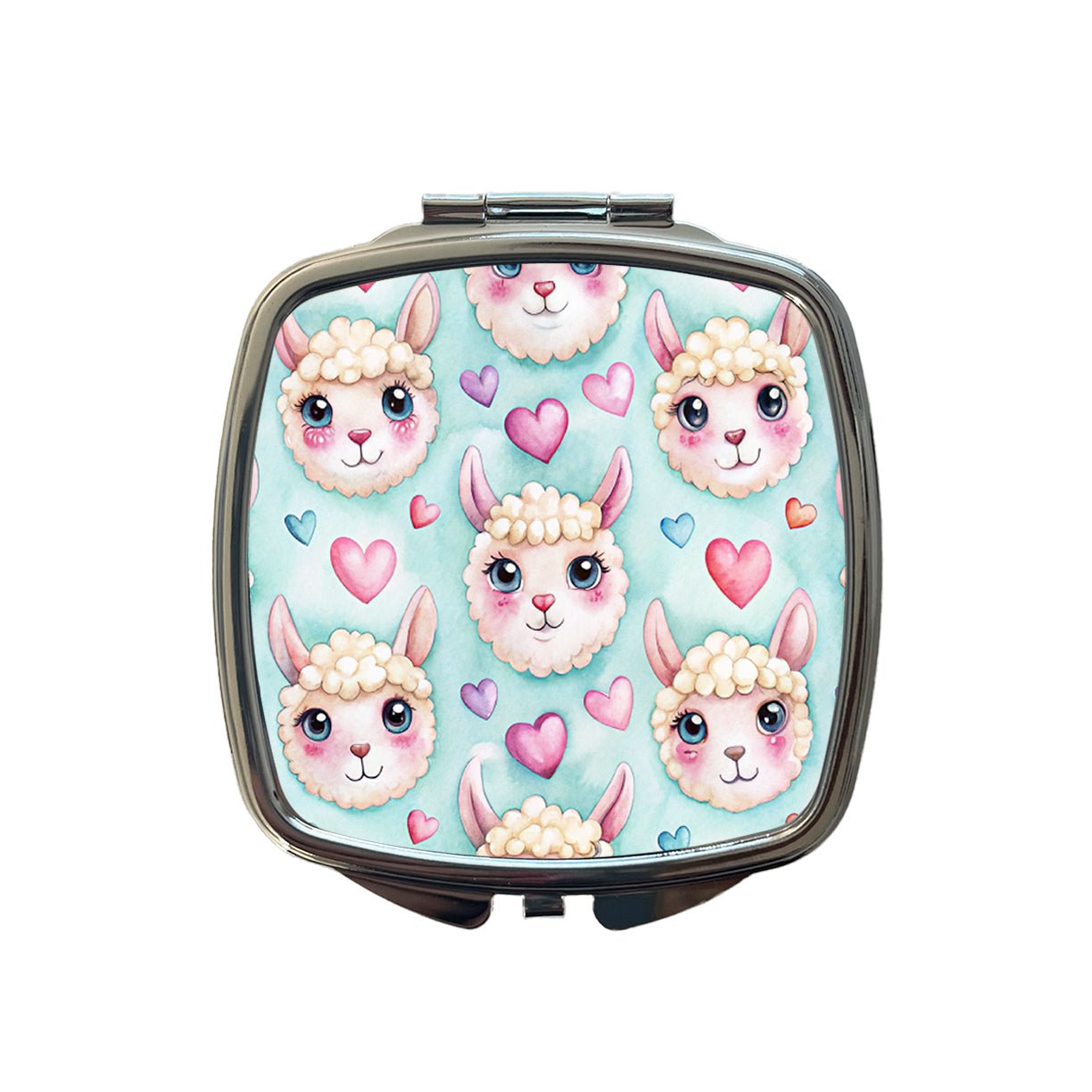 Cute Llama Faces Hearts Watercolor Small Travel Purse Handbag Pocket Makeup Compact Mirror