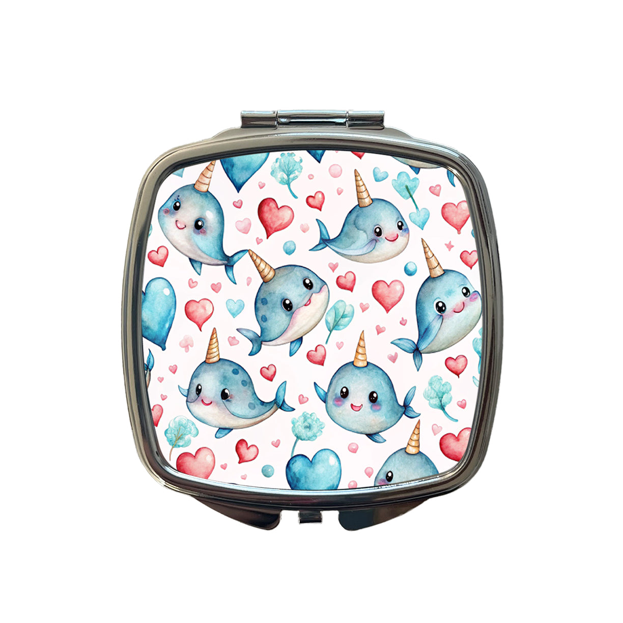 Cute Narwhals Hearts Watercolor Small Travel Purse Handbag Pocket Makeup Compact Mirror