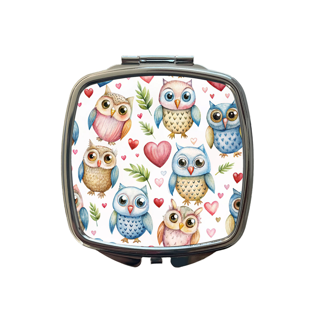 Cute Owls Hearts Watercolor Small Travel Purse Handbag Pocket Makeup Compact Mirror