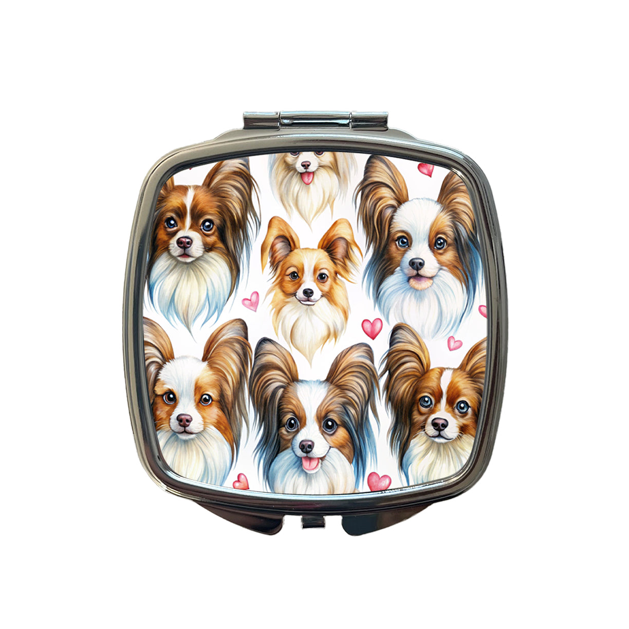 Cute Papillion Dog Faces Hearts Small Travel Purse Handbag Pocket Makeup Compact Mirror
